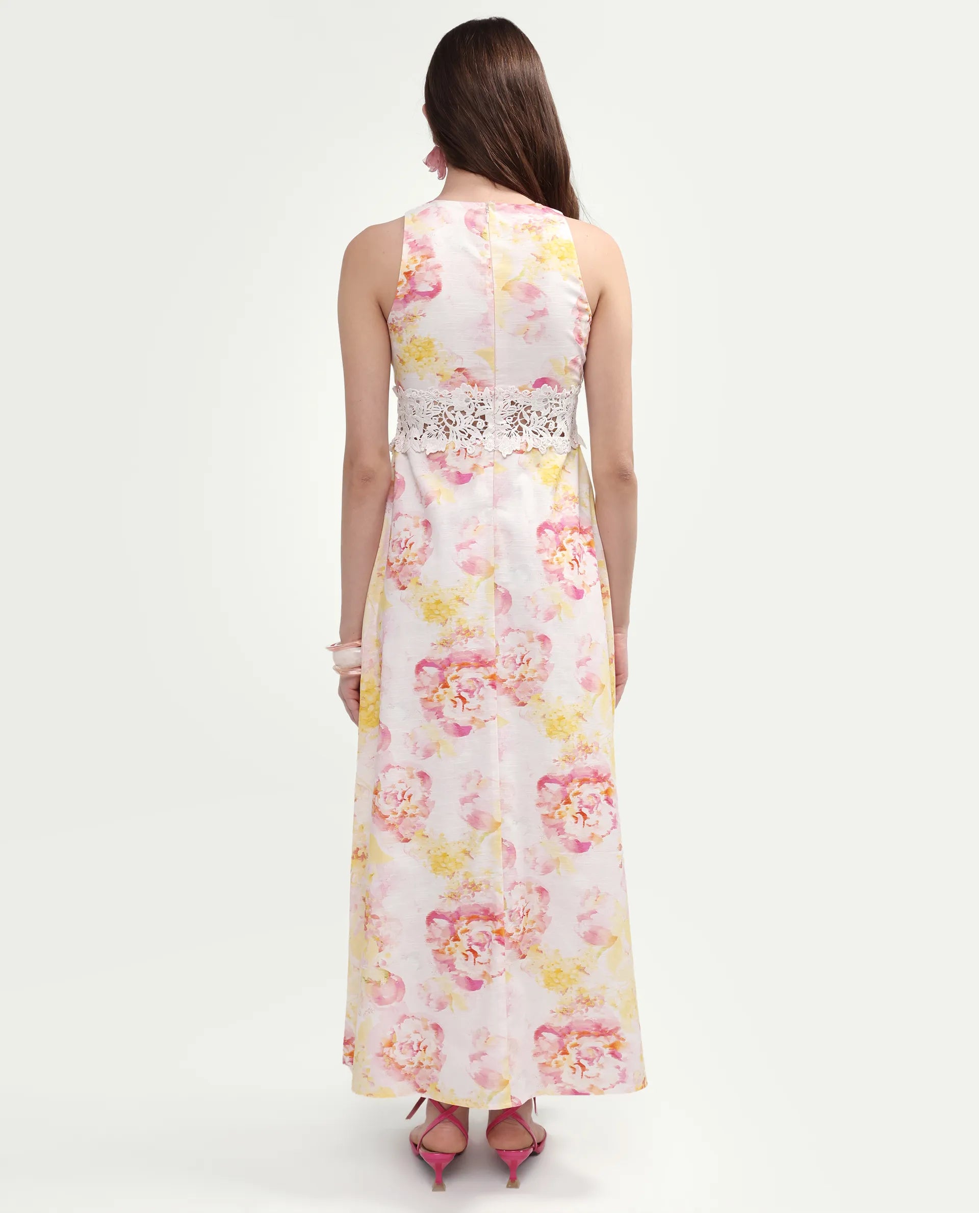 Rareism Women's Mavi Multi Cotton Blend Sleeveless Crew Neck A-Line Floral Print Dress