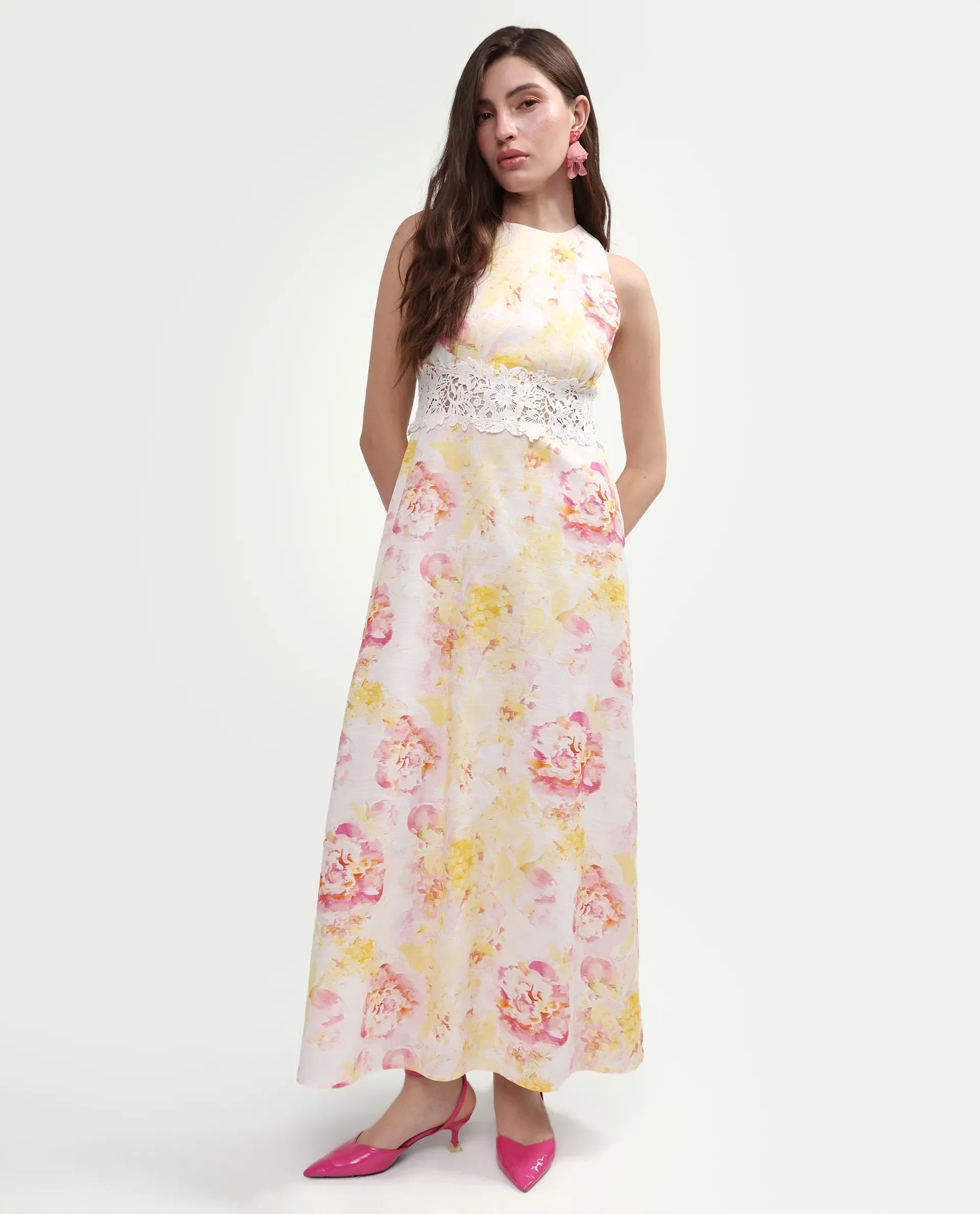 Rareism Women's Mavi Multi Cotton Blend Sleeveless Crew Neck A-Line Floral Print Dress