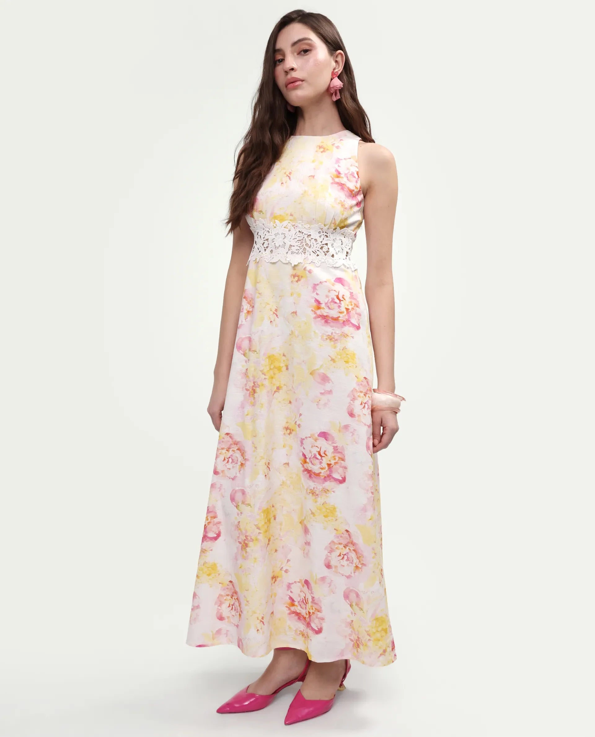 Rareism Women's Mavi Multi Cotton Blend Sleeveless Crew Neck A-Line Floral Print Dress