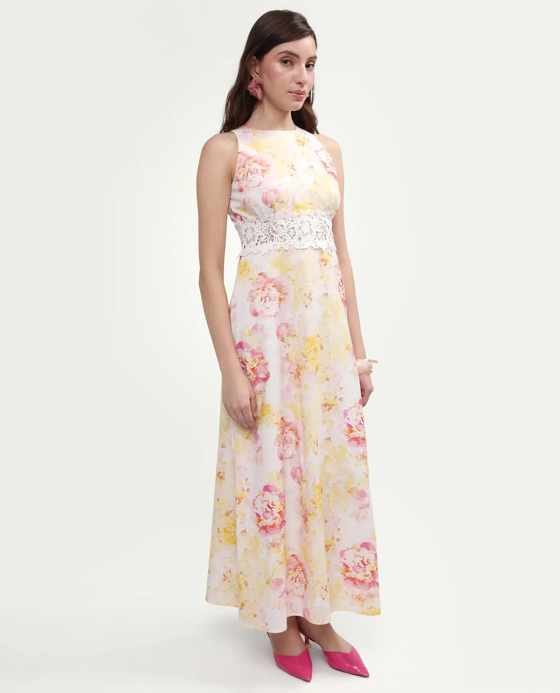 Rareism Women's Mavi Multi Cotton Blend Sleeveless Crew Neck A-Line Floral Print Dress