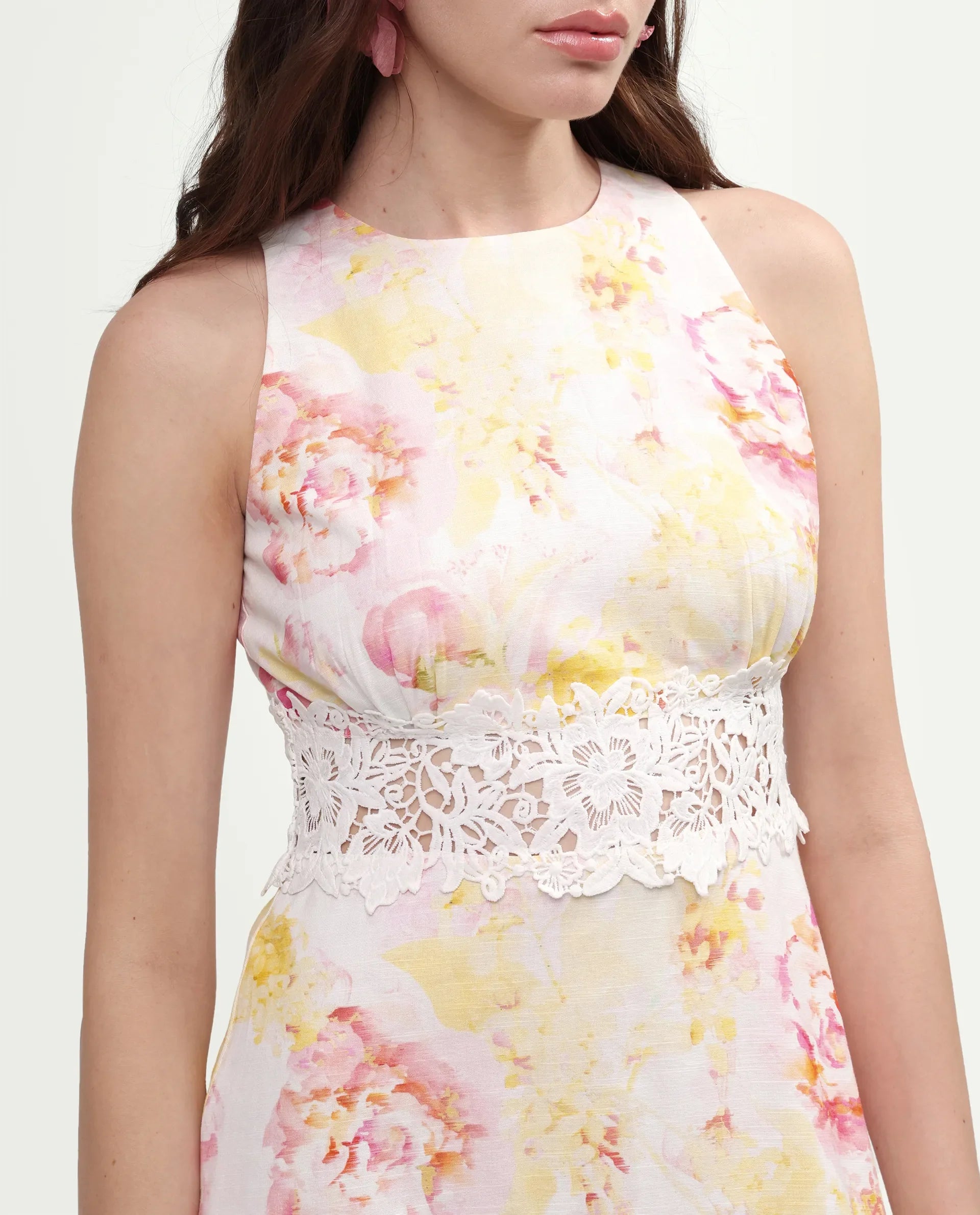 Rareism Women's Mavi Multi Cotton Blend Sleeveless Crew Neck A-Line Floral Print Dress