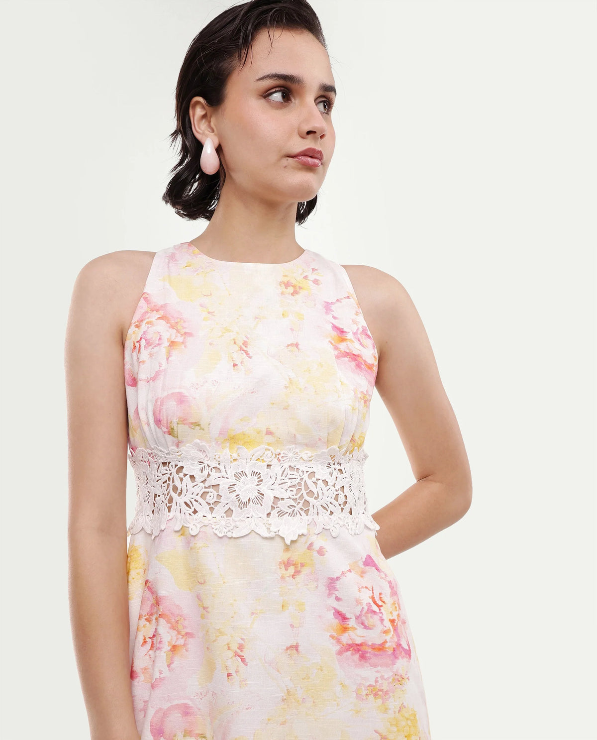Rareism Women's Mavi Multi Cotton Sleeveless Crew Neck A-Line Floral Print Dress