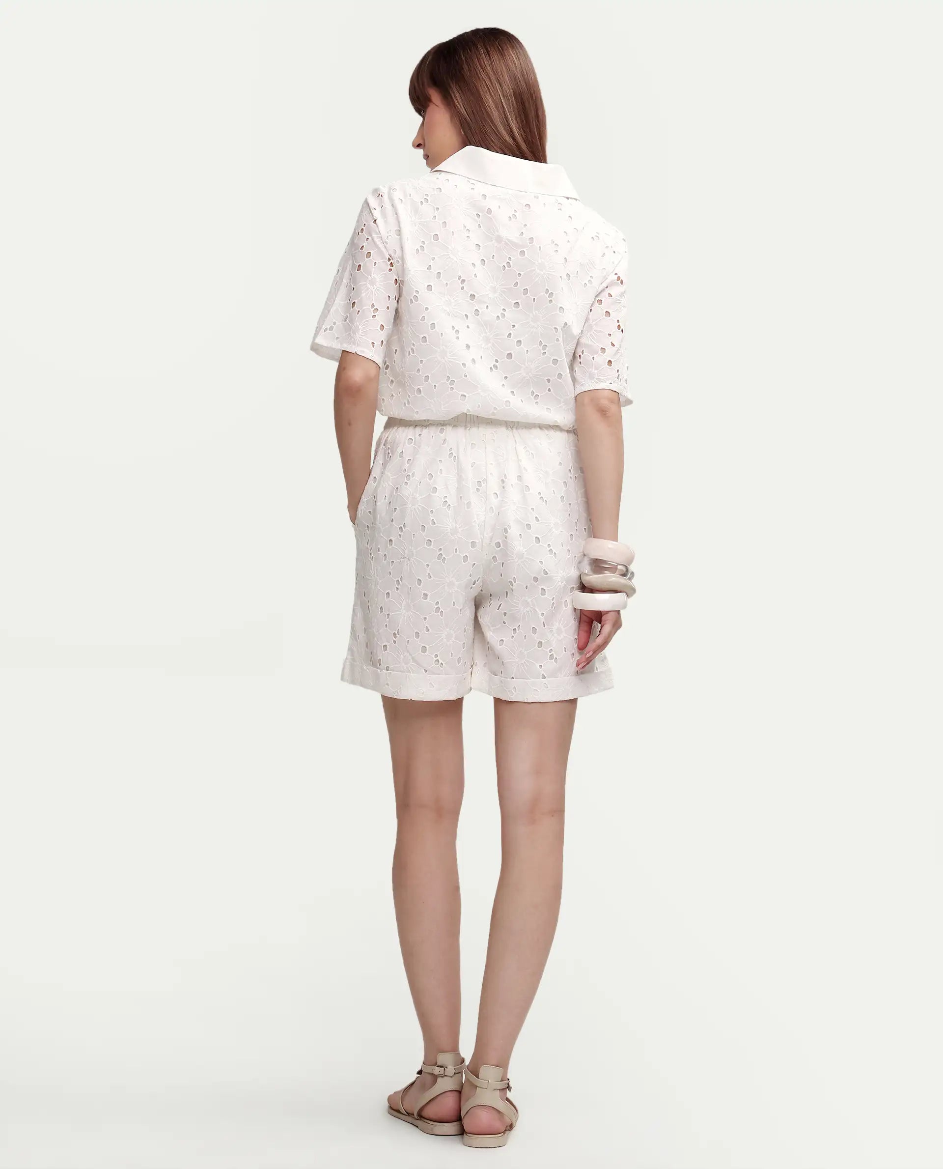 Rareism Women's Mazi-B Off White Cotton Blend Regular Schiffli Shorts