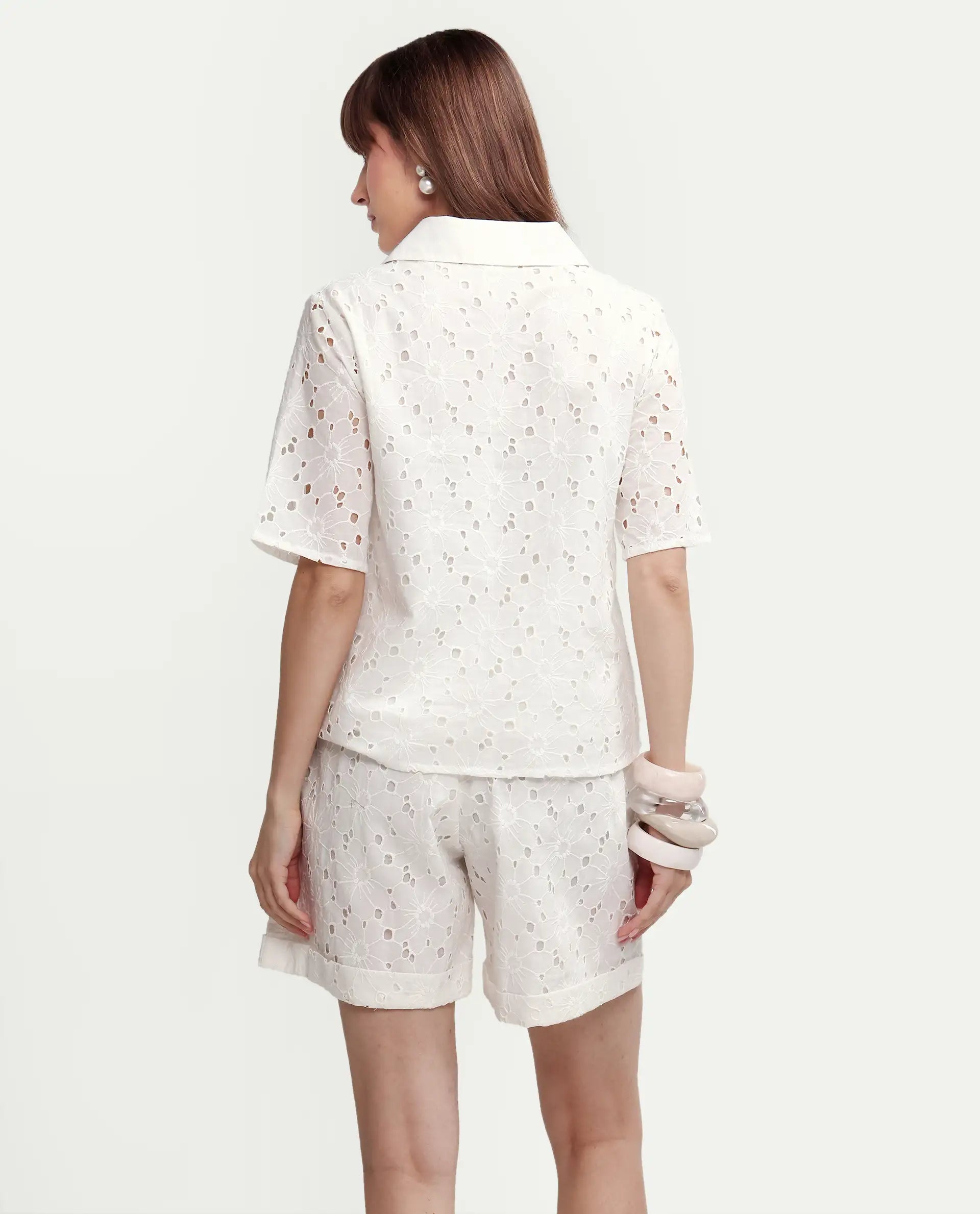 Rareism Women's Mazi-T Off White Cotton Half Sleeve Jonny Collar Regular Top