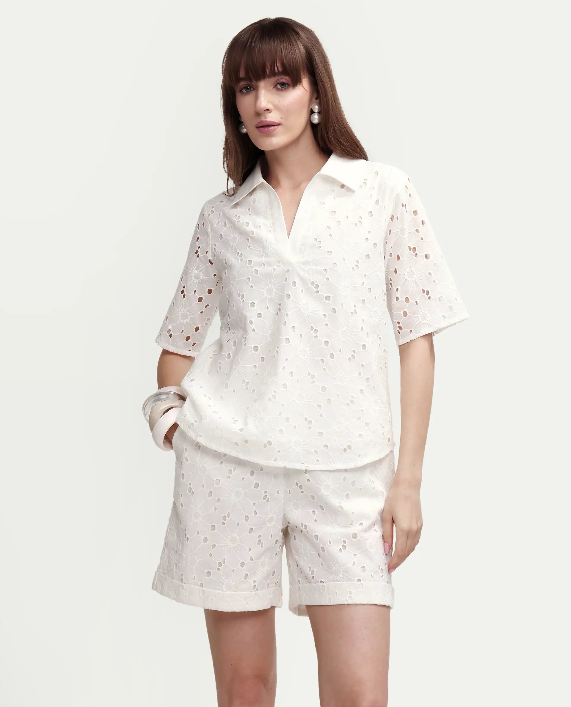 Rareism Women's Mazi-T Off White Cotton Half Sleeve Jonny Collar Regular Top