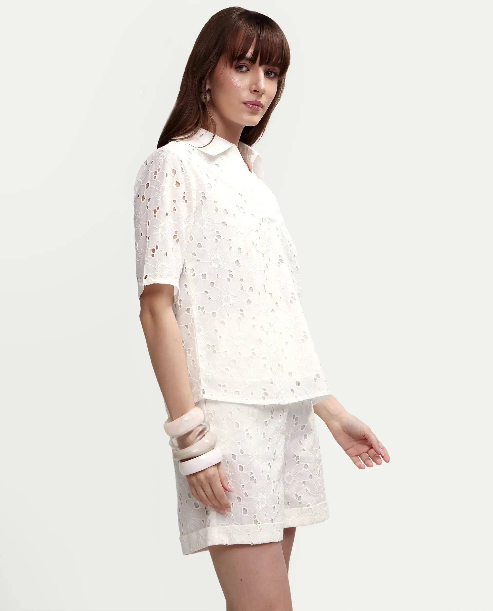 Rareism Women's Mazi-T Off White Cotton Half Sleeve Jonny Collar Regular Top