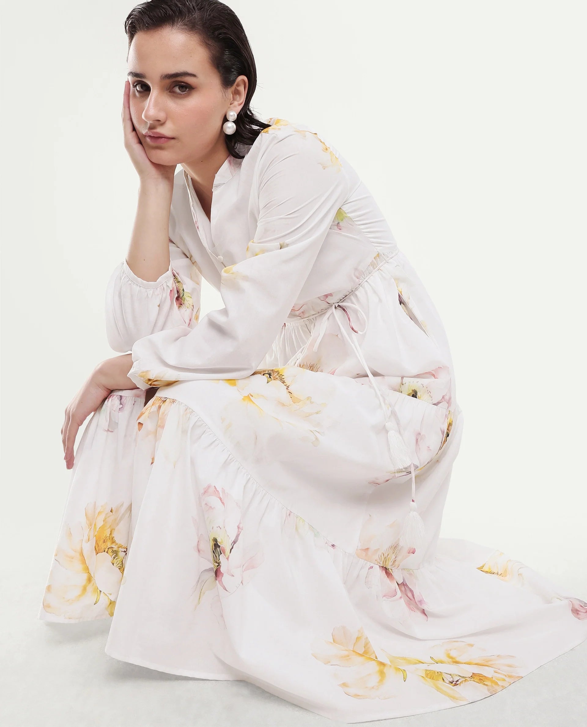 Rareism Women's Mehik Off White Cotton Full Sleeve Mandarin Collar Tiered Floral Print Dress