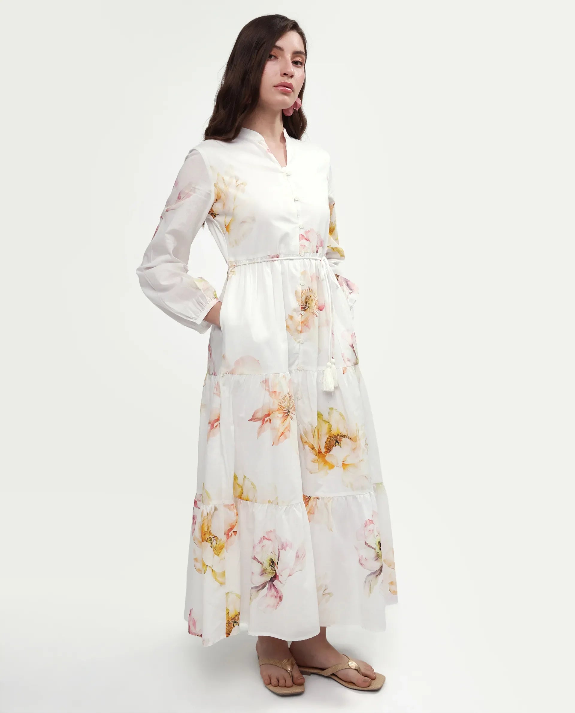 Rareism Women's Mehik Off White Cotton Full Sleeve Mandarin Collar Tiered Floral Print Dress