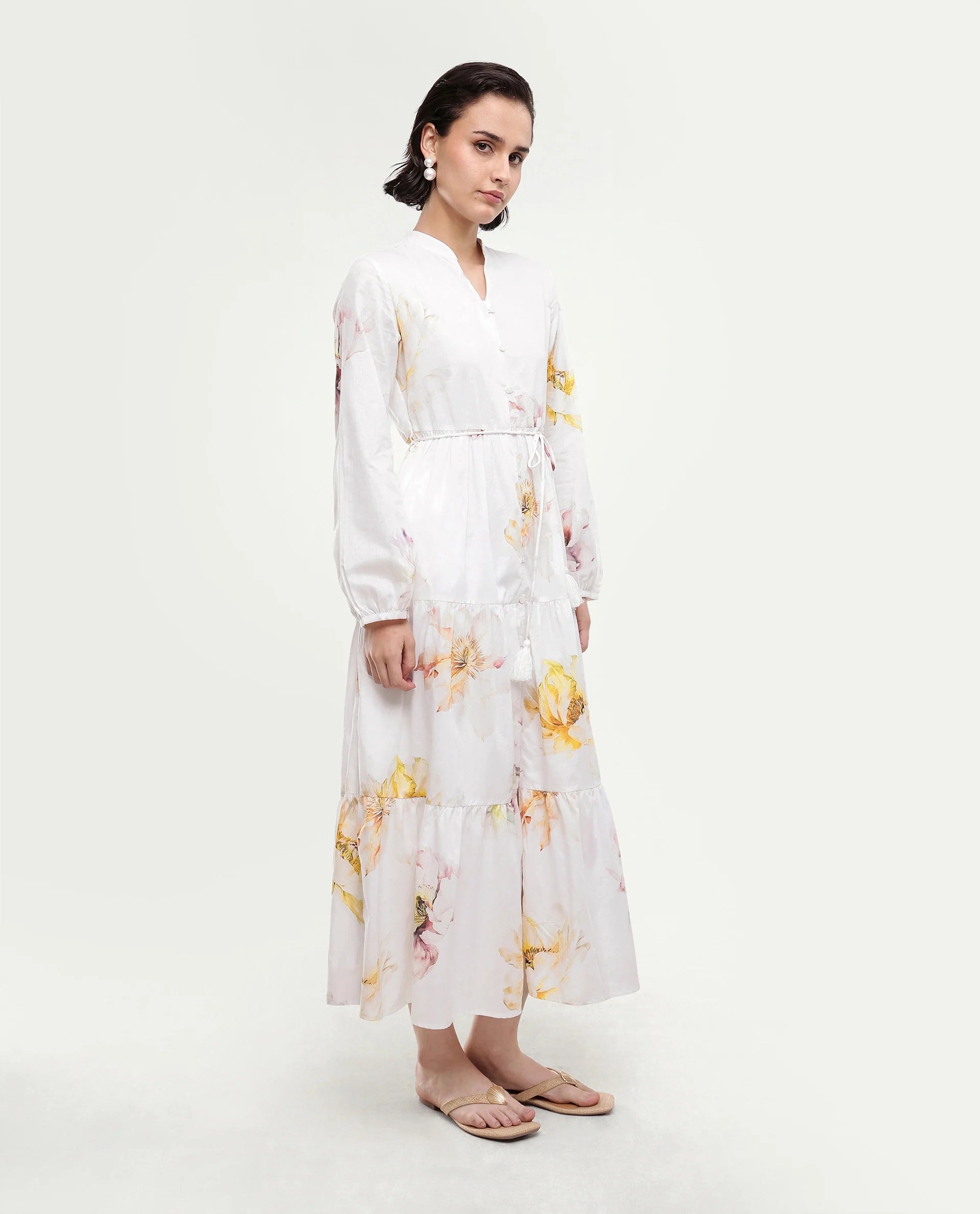 Rareism Women's Mehik Off White Cotton Full Sleeve Mandarin Collar Tiered Floral Print Dress