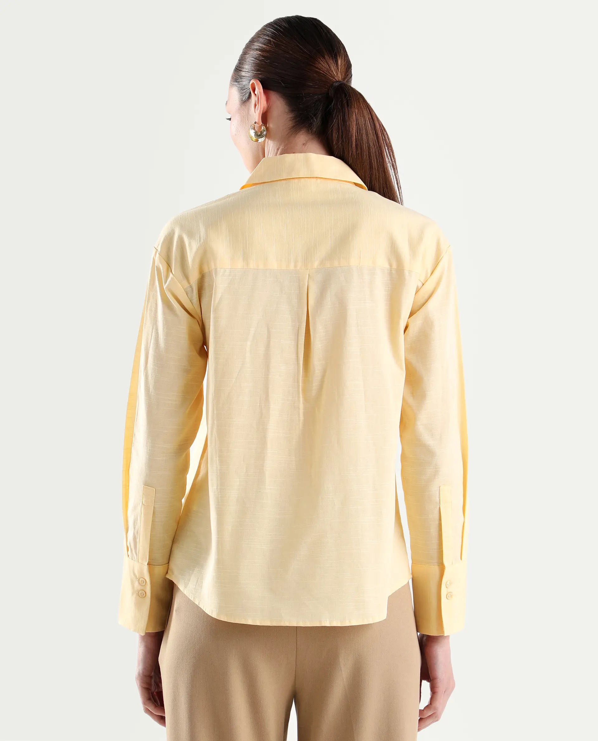 Rareism Women's Mewok Yellow Cotton Blend Full Sleeve Spread Collar Regular Plain Shirt