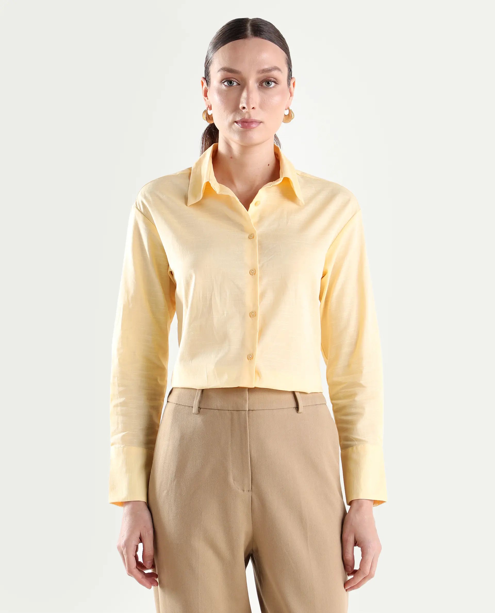 Rareism Women's Mewok Yellow Cotton Blend Full Sleeve Spread Collar Regular Plain Shirt
