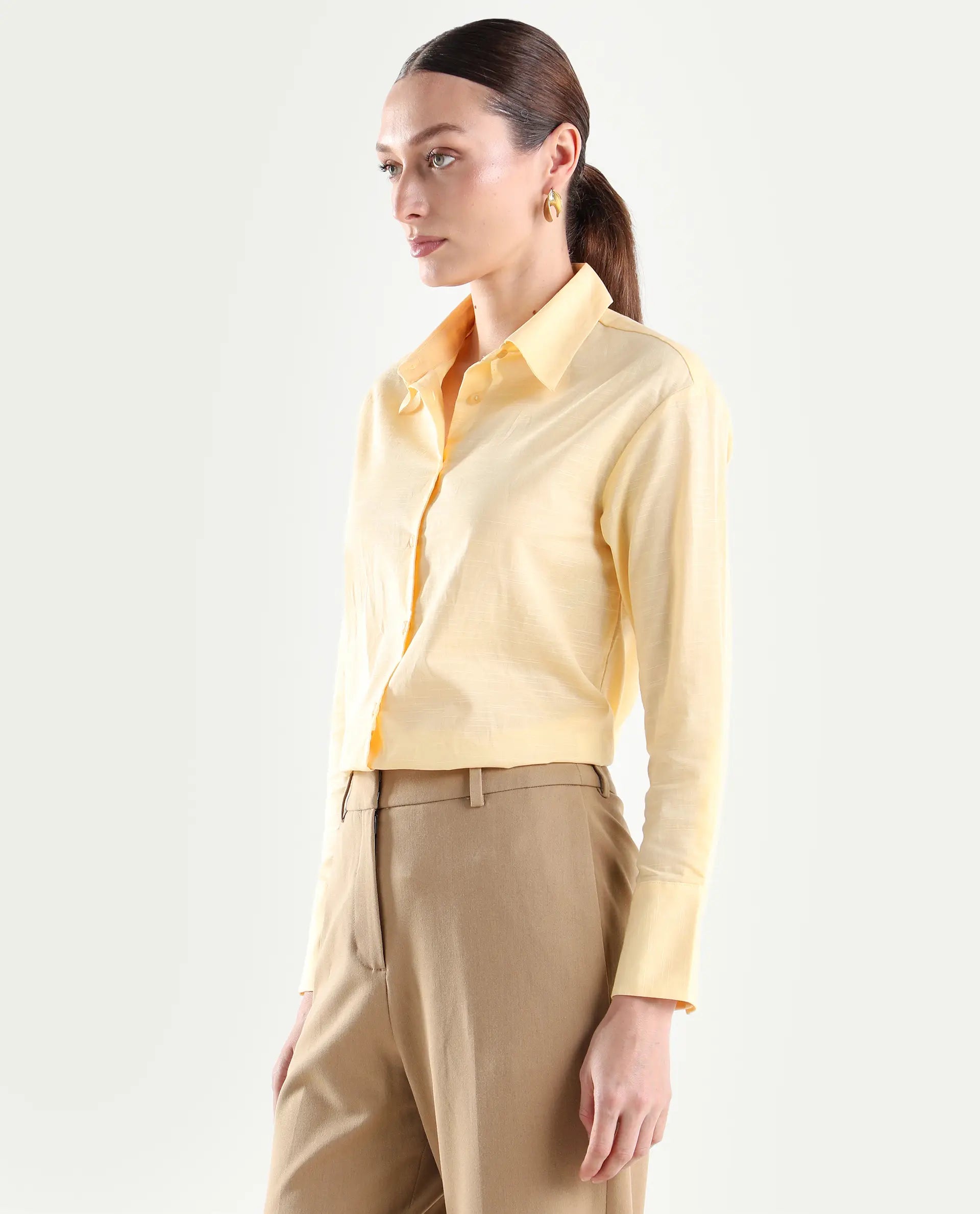 Rareism Women's Mewok Yellow Cotton Blend Full Sleeve Spread Collar Regular Plain Shirt
