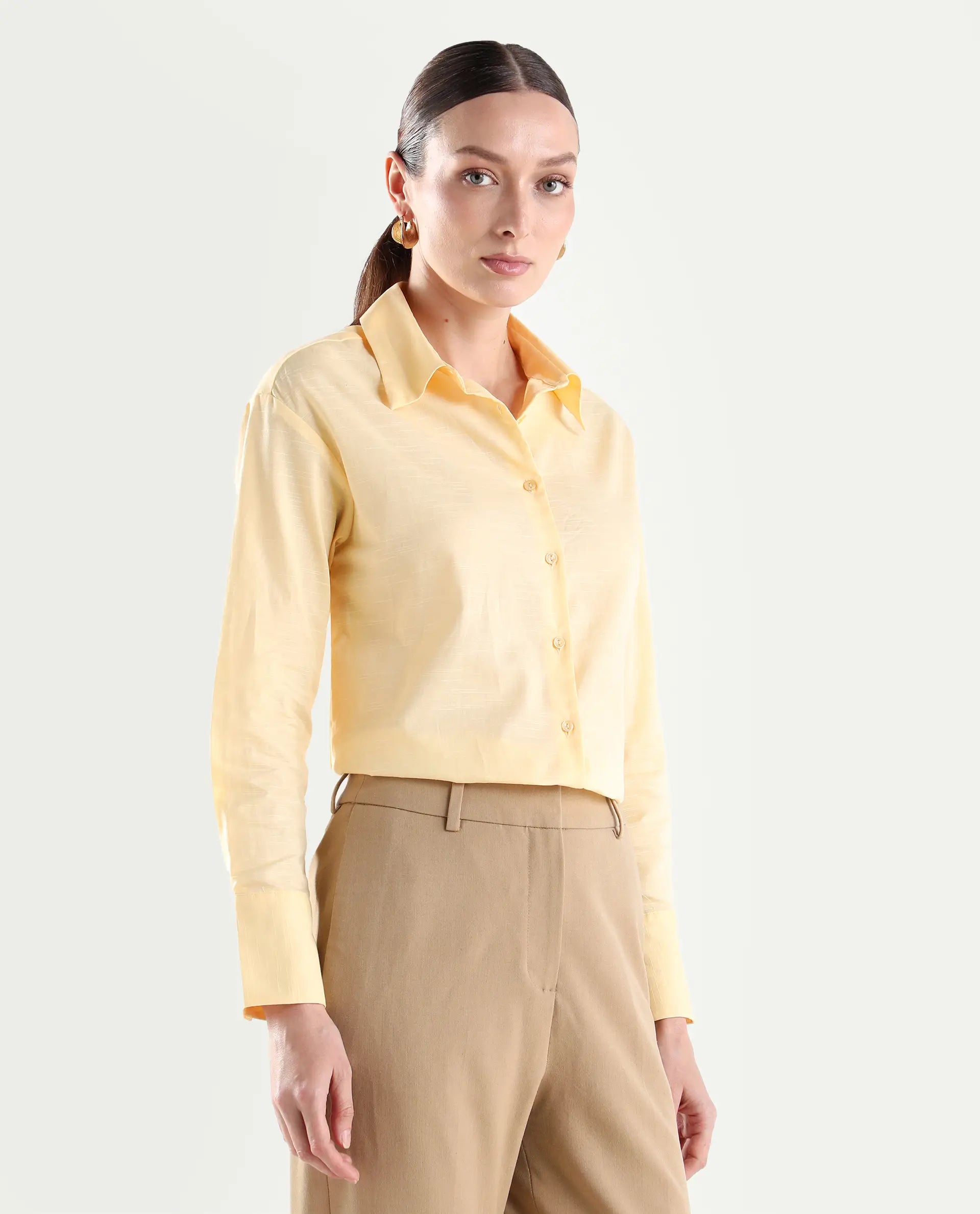 Rareism Women's Mewok Yellow Cotton Blend Full Sleeve Spread Collar Regular Plain Shirt
