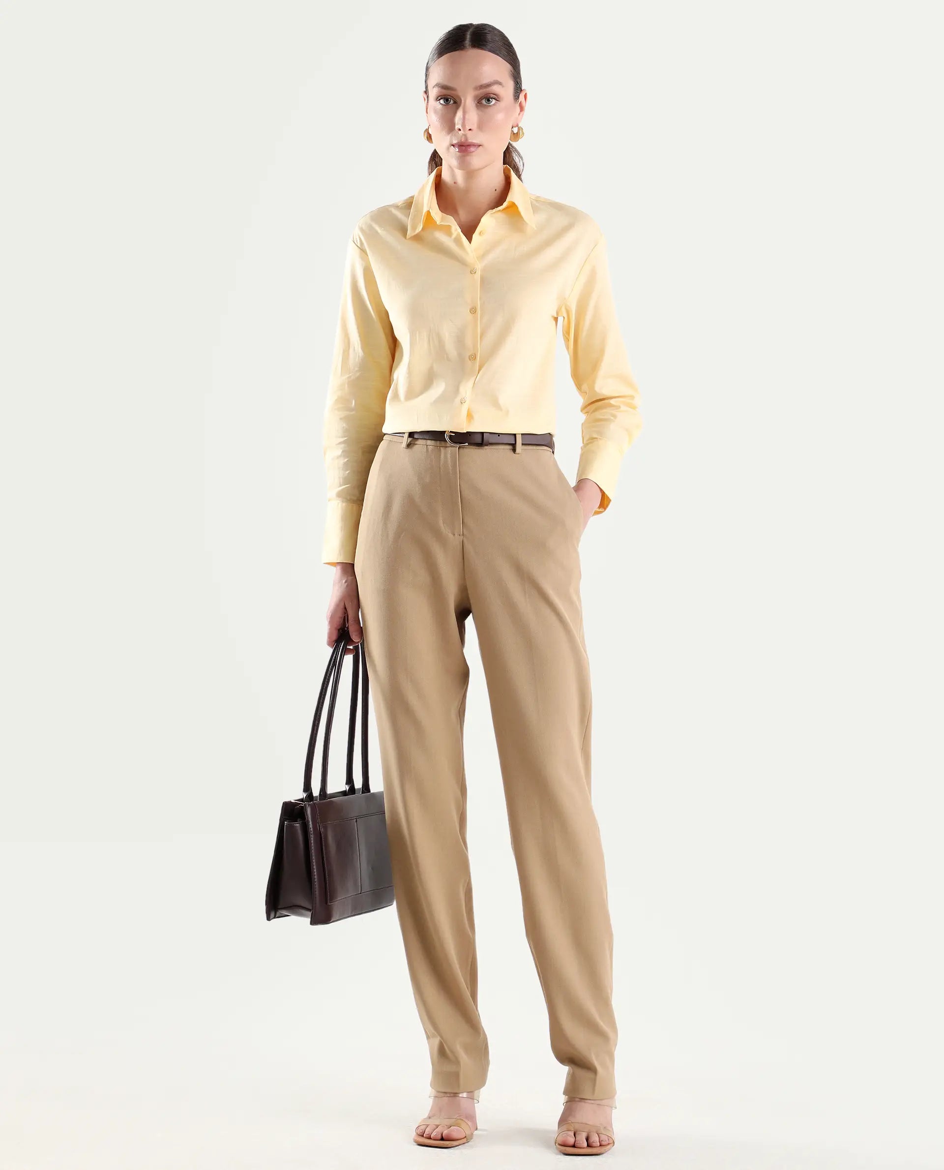 Rareism Women's Mewok Yellow Cotton Blend Full Sleeve Spread Collar Regular Plain Shirt