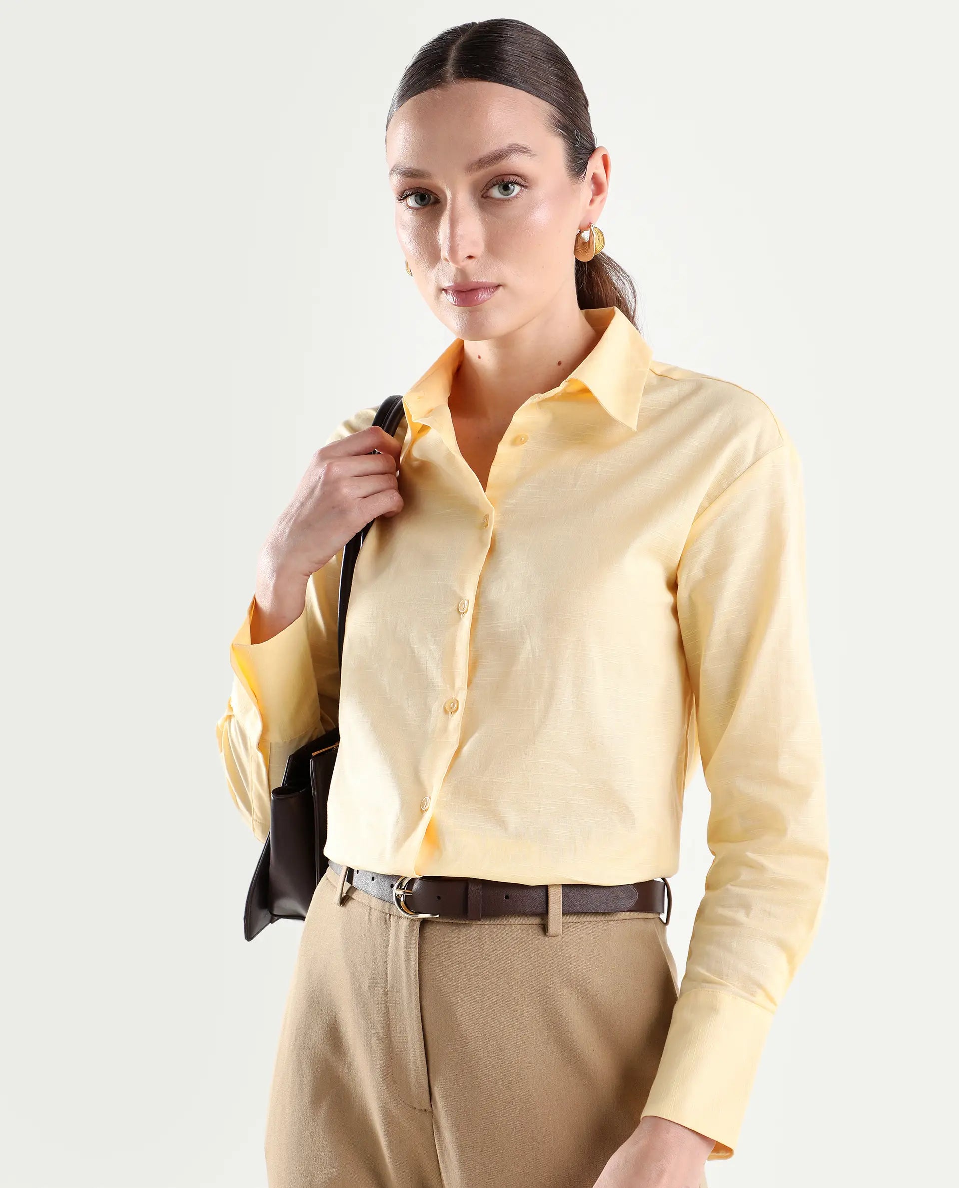 Rareism Women's Mewok Yellow Cotton Blend Full Sleeve Spread Collar Regular Plain Shirt