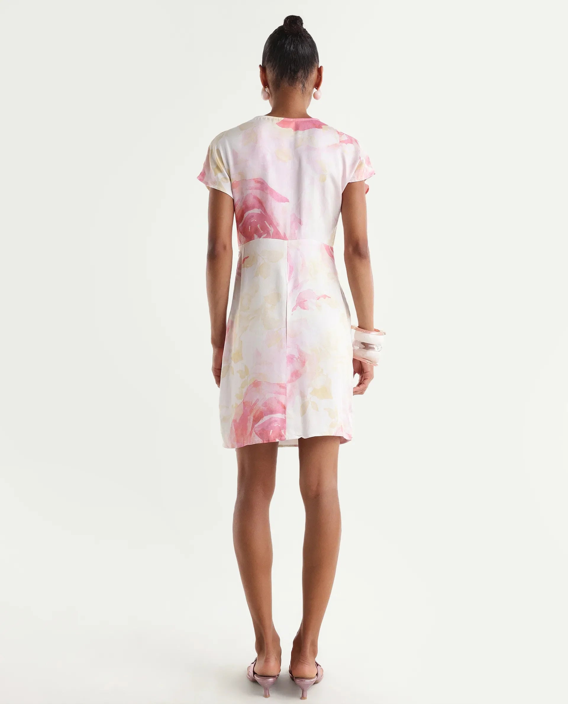Rareism Women's Meya Off White Viscose Satin Half Sleeve V-Neck Floral Print Dress