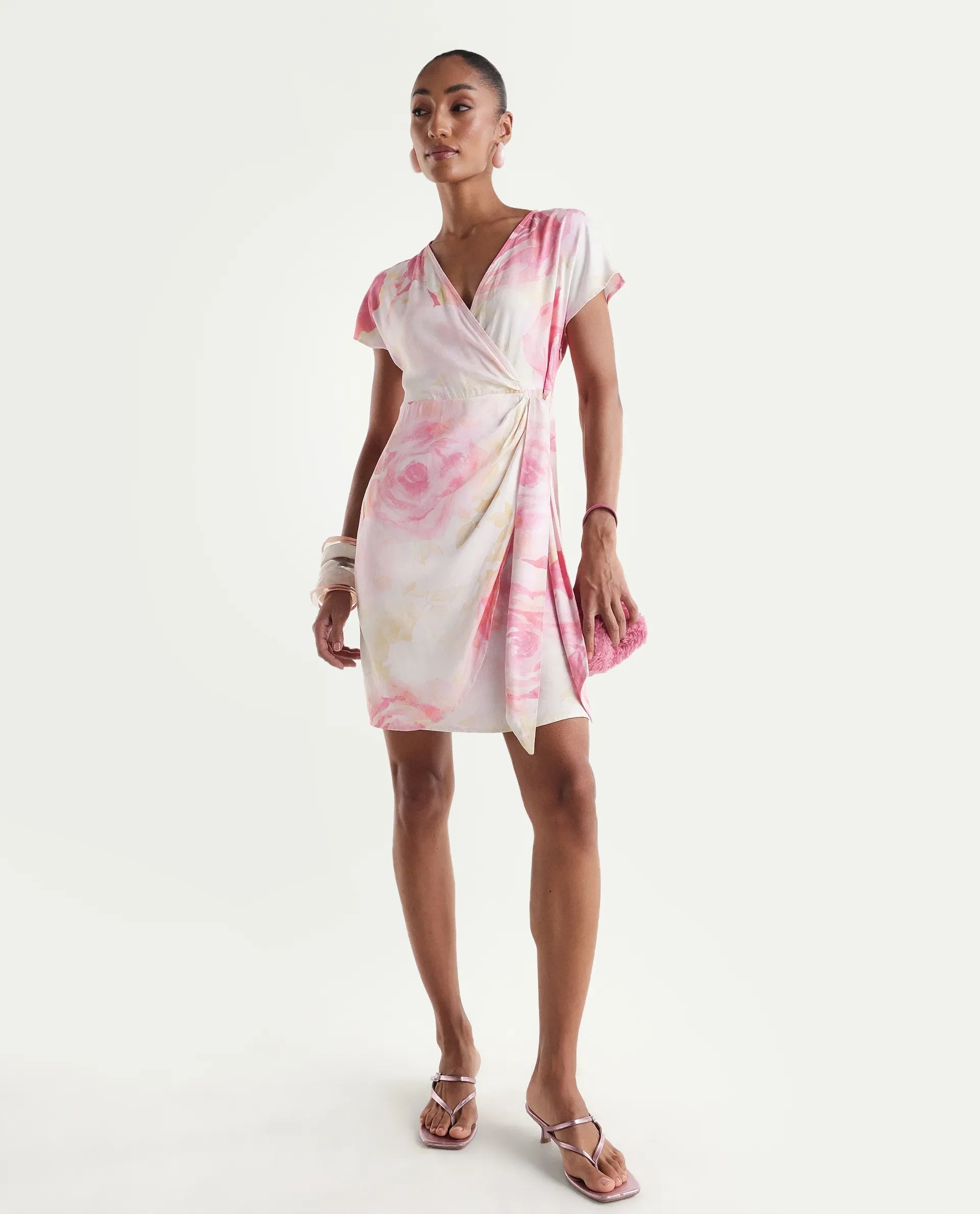 Rareism Women's Meya Off White Viscose Satin Half Sleeve V-Neck Floral Print Dress