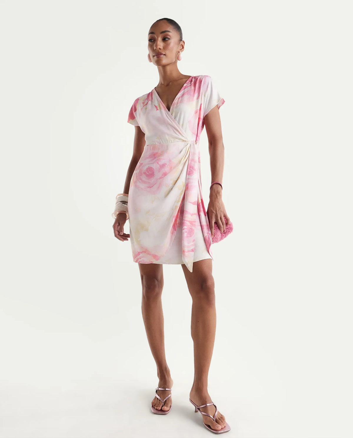 Rareism Women's Meya Off White Cotton Satin Half Sleeve V-Neck Floral Print Dress