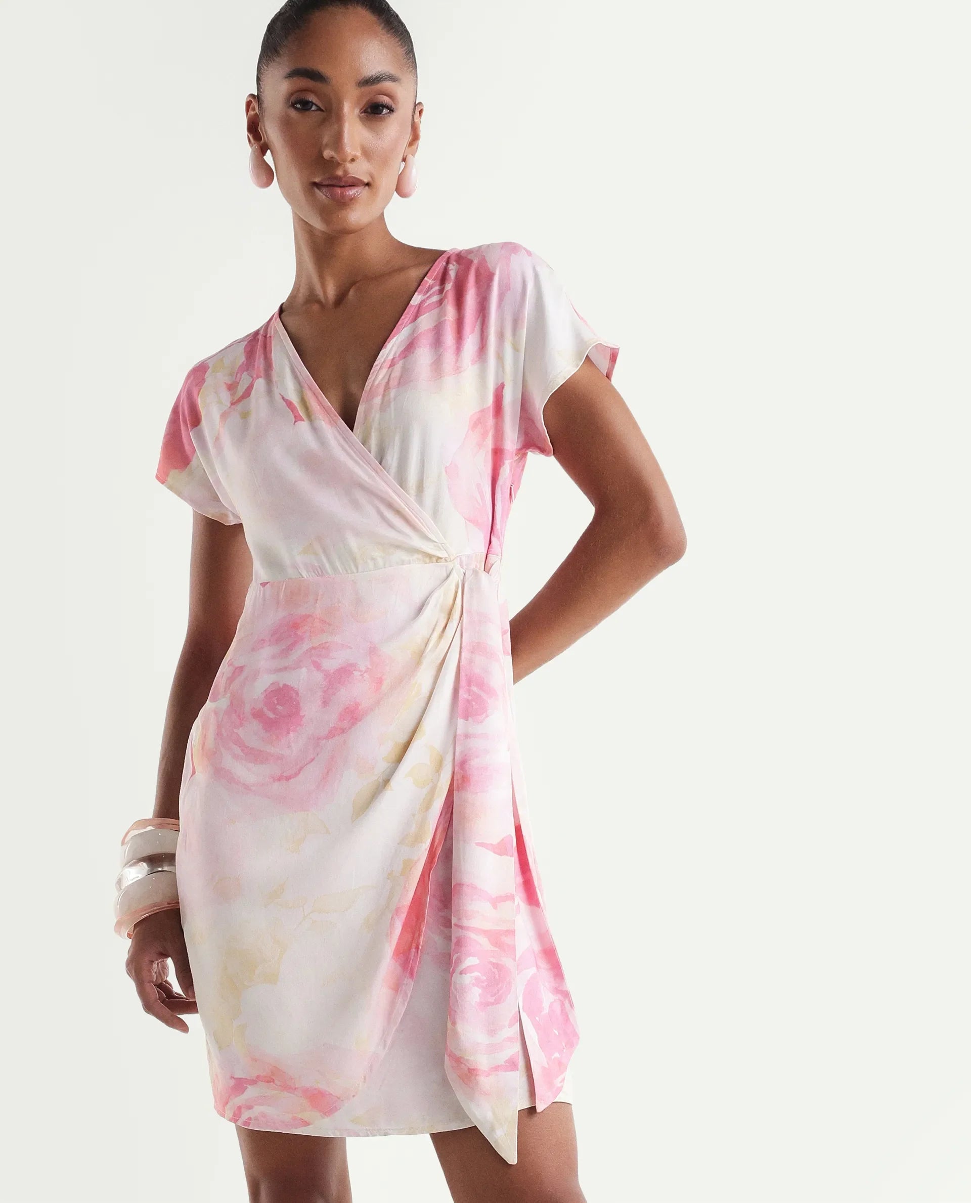 Rareism Women's Meya Off White Viscose Satin Half Sleeve V-Neck Floral Print Dress