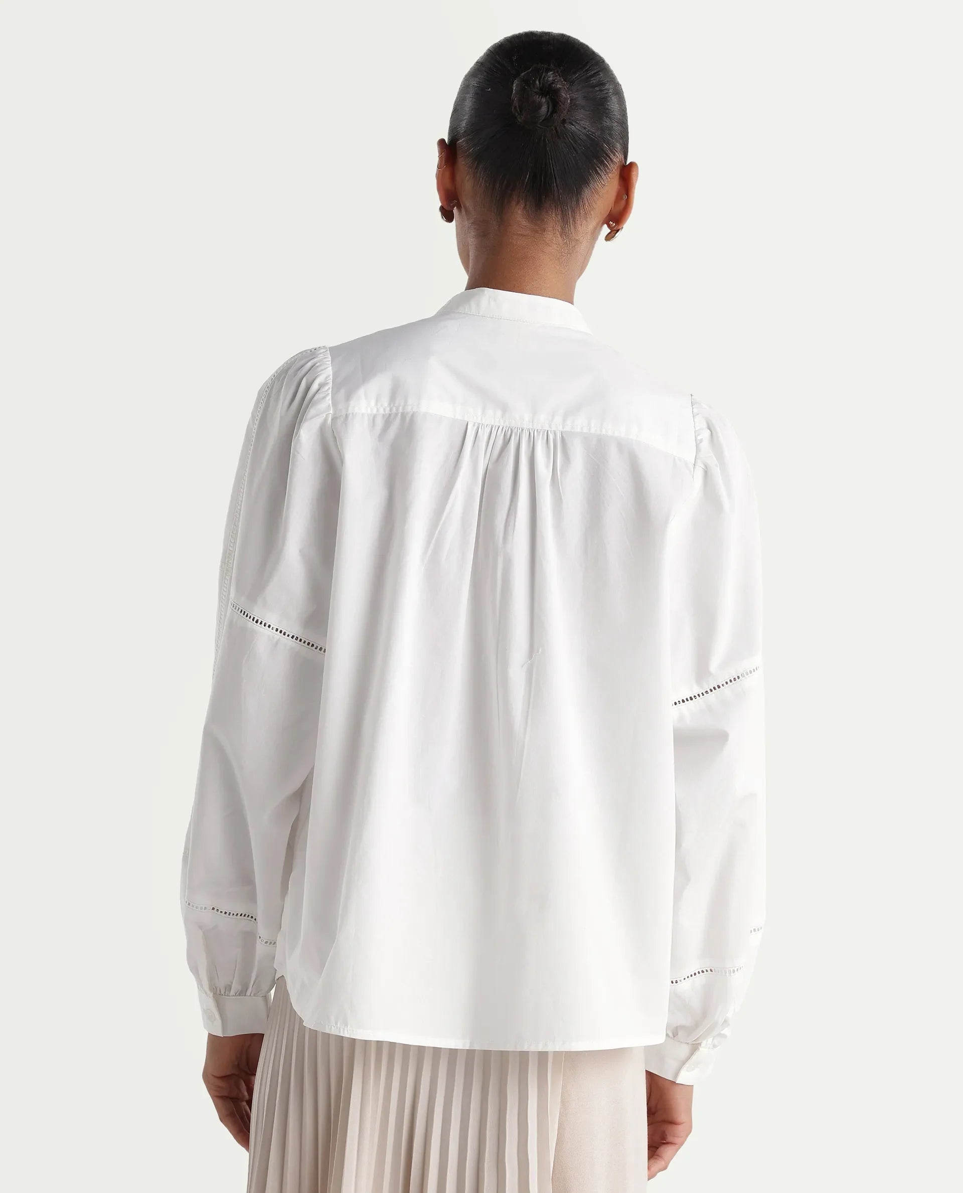 Rareism Women's Miel Off White Cotton Full Sleeve Mandarin Collar Relaxed Embroidered Top
