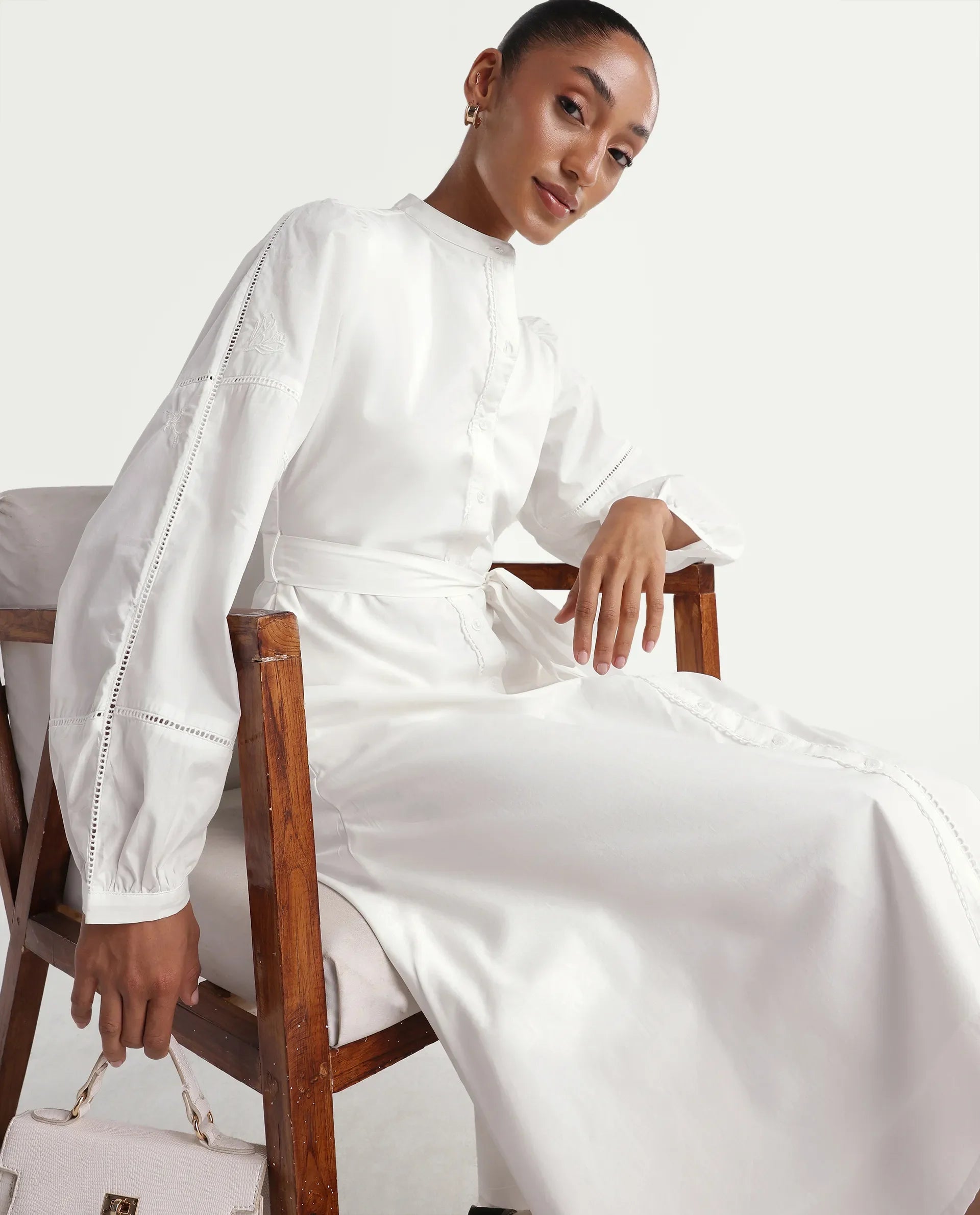 Rareism Women's Miko Off White Cotton Full Sleeve Mandarin Collar A-Line Embroidered Dress
