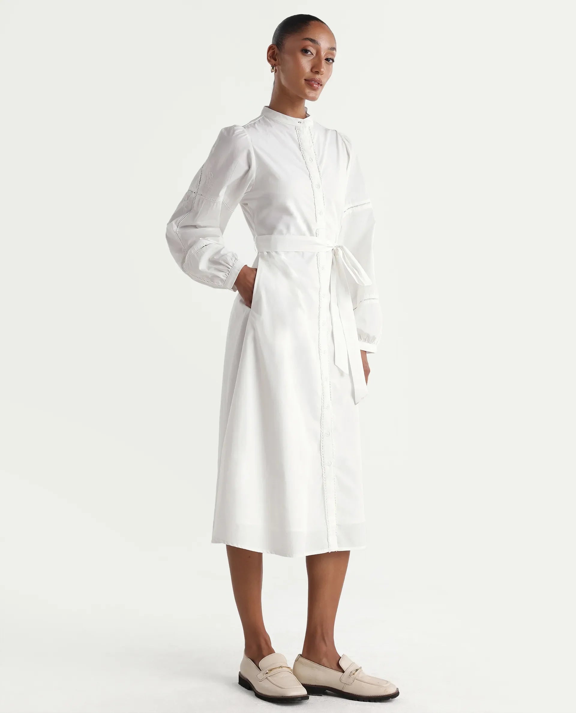 Rareism Women's Miko Off White Cotton Full Sleeve Mandarin Collar A-Line Embroidered Dress