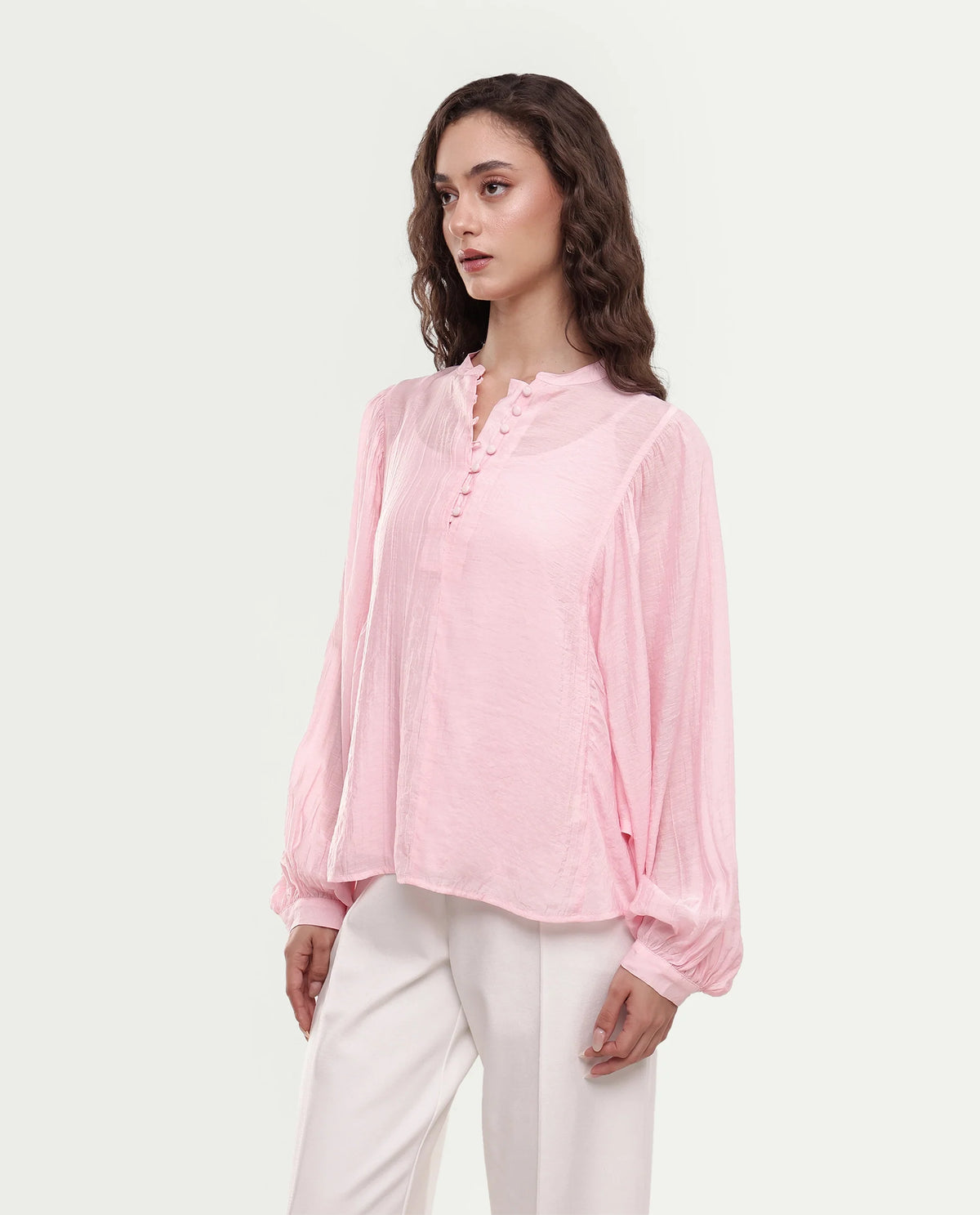 Rareism Women's Minis Light Pink Viscose Full Sleeve Band Collar Regular Top