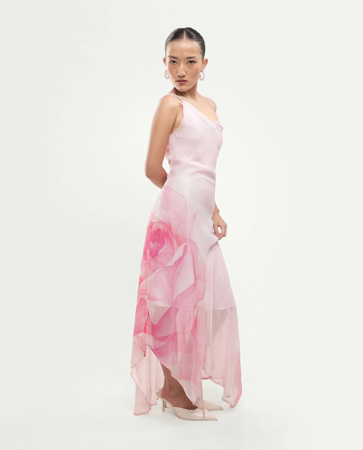 Rareism Women's Minzo Light Pink Viscose Sleeveless One Shoulder Asymmetric Floral Print Dress