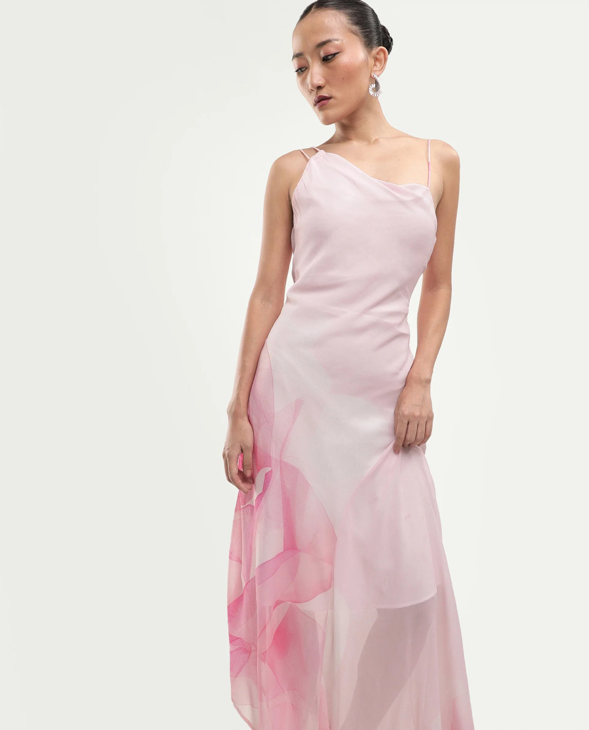 Rareism Women's Minzo Light Pink Viscose Sleeveless One Shoulder Asymmetric Floral Print Dress