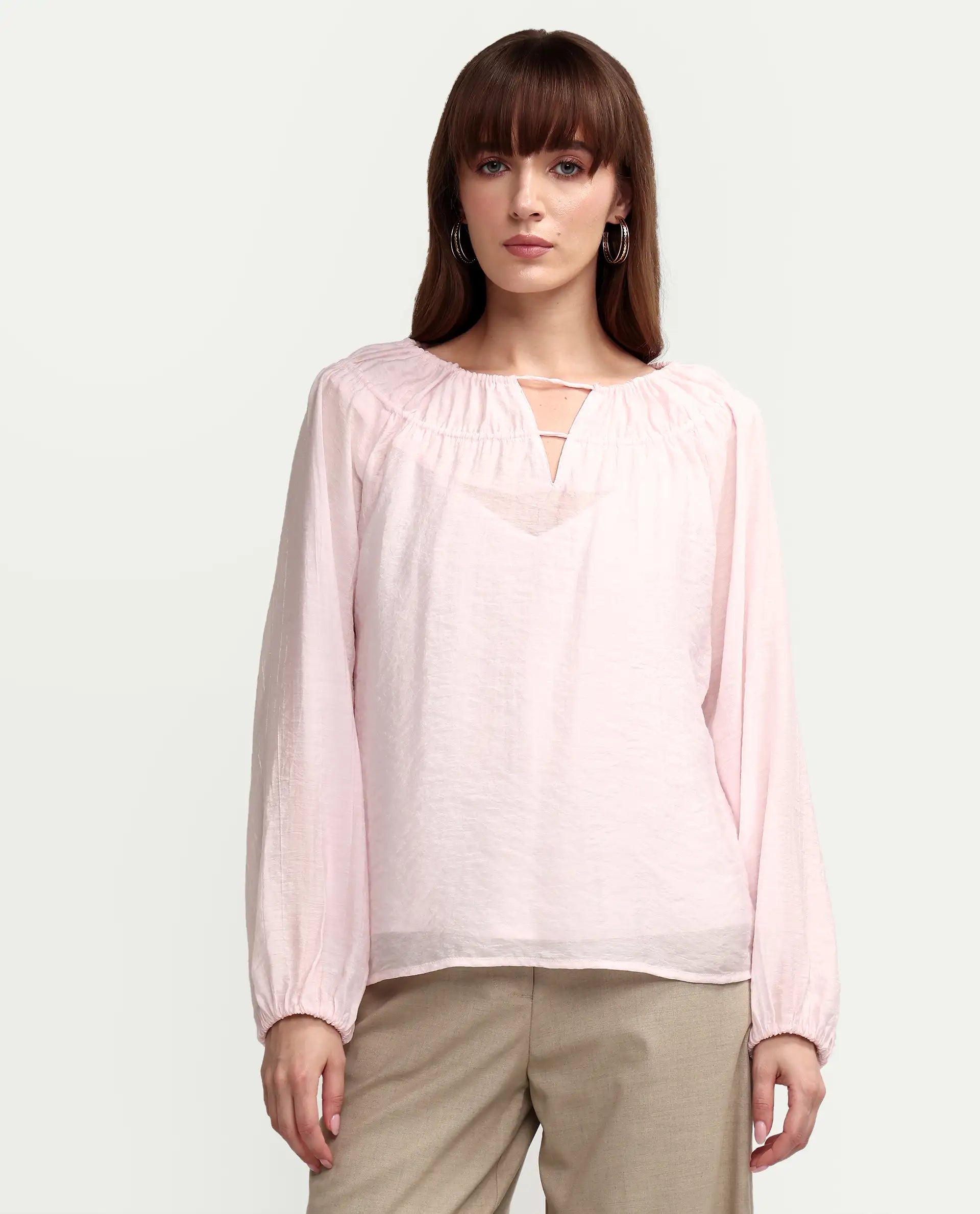 Rareism Women's Mirino Light Pink Viscose Full Sleeve Boat Neck Regular Top