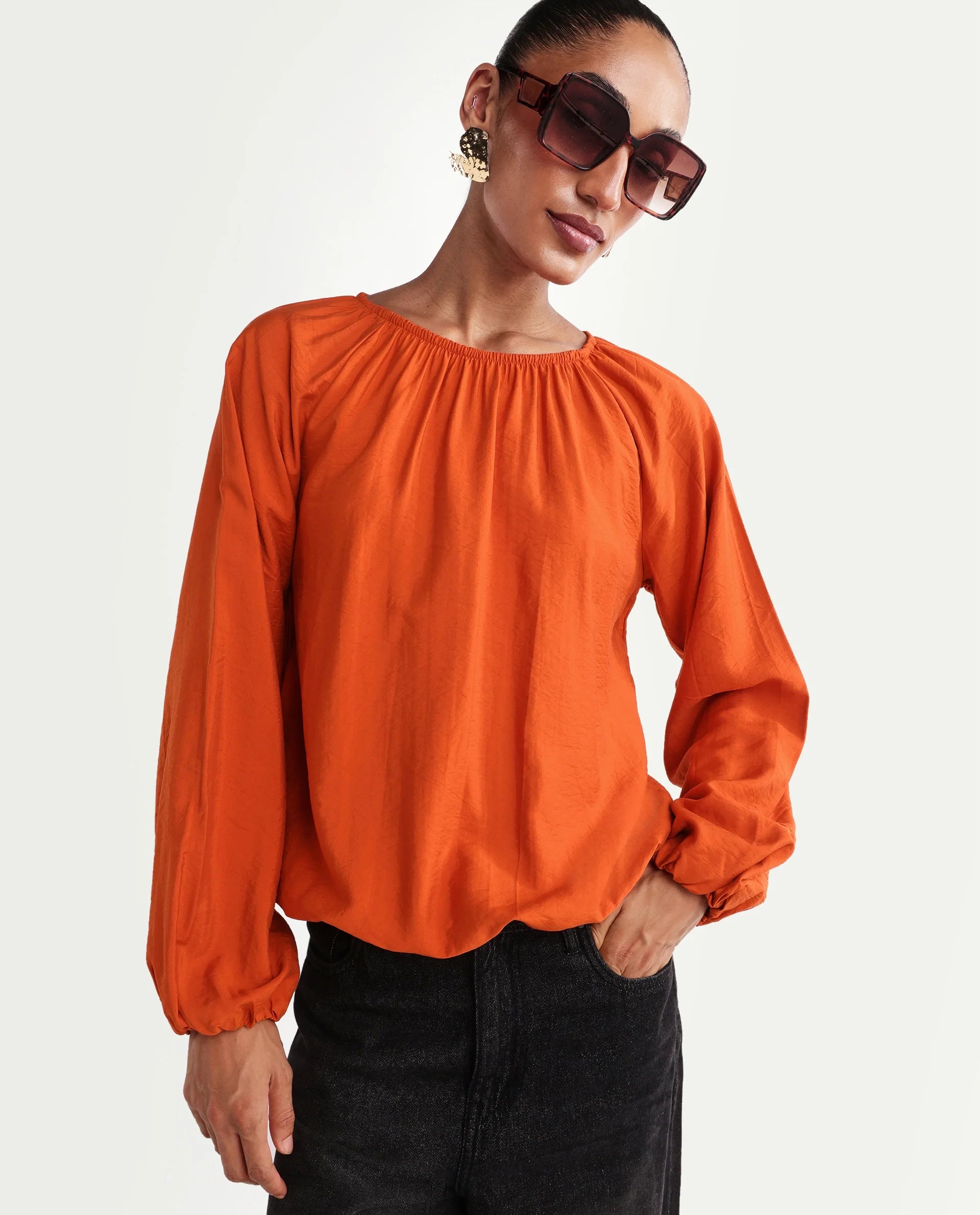 Rareism Women's Miro Rust Viscose Full Sleeve Crew Neck Regular Top
