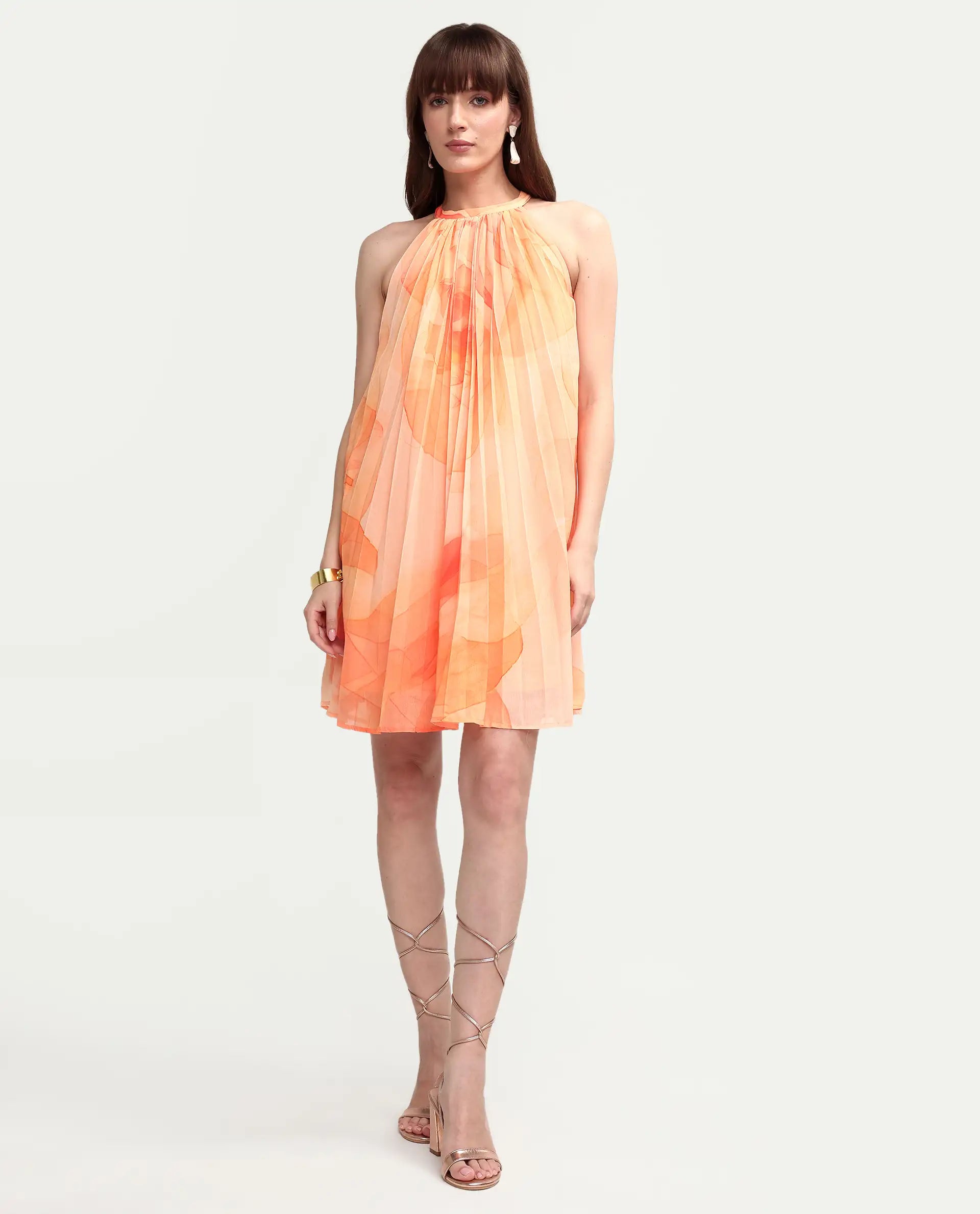 Rareism Women's Mlare Yellow Cotton Blend Sleeveless Halter Neck A-Line Floral Print Dress