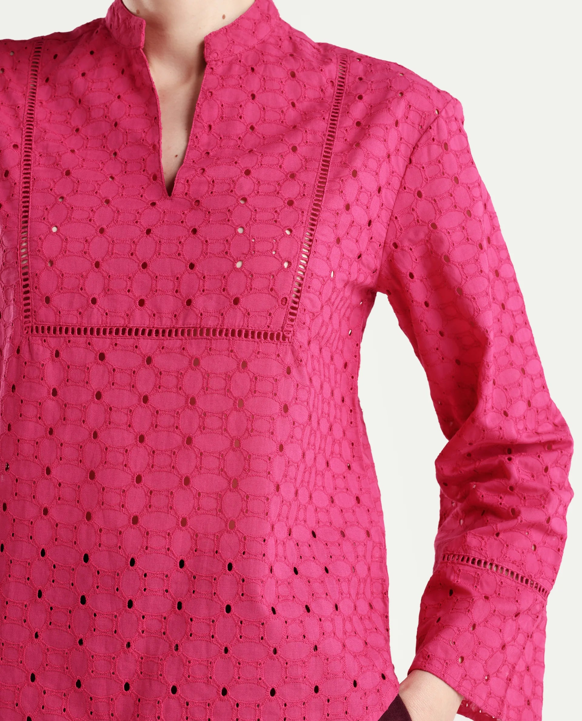 Rareism Women's Monet Pink Cotton Blend Full Sleeve Mandarin Collar Regular Schiffli Top