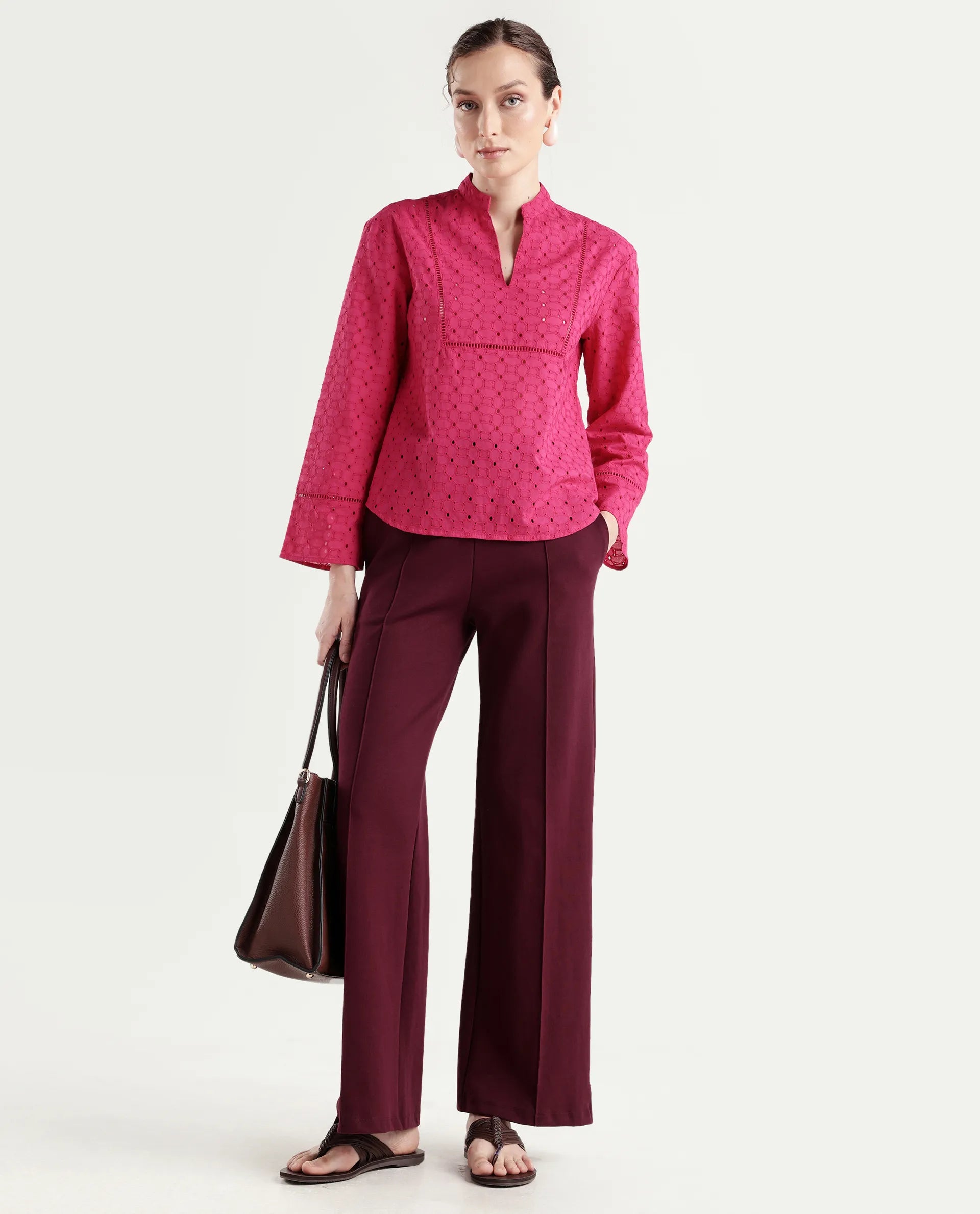 Rareism Women's Monet Pink Cotton Full Sleeve Mandarin Collar Regular Schiffli Top