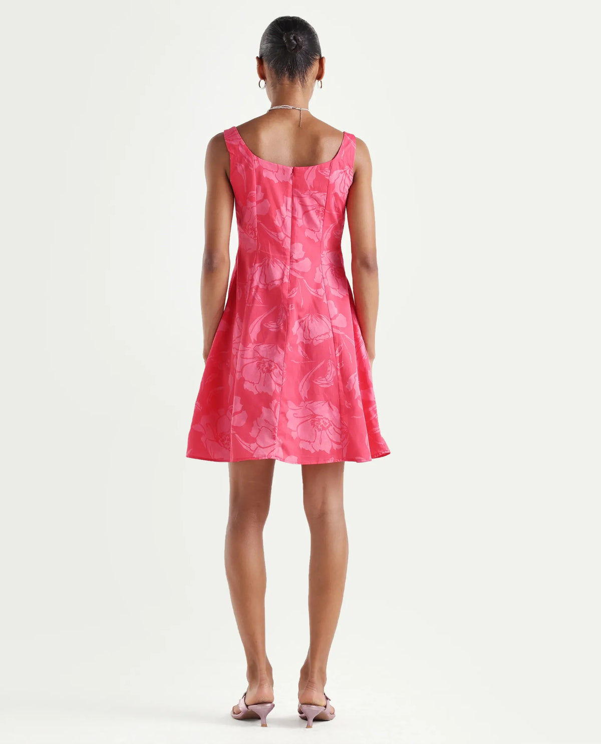 Rareism Women's Mopa Pink Cotton Satin Sleeveless Boat Neck Fit And Flare Floral Print Dress