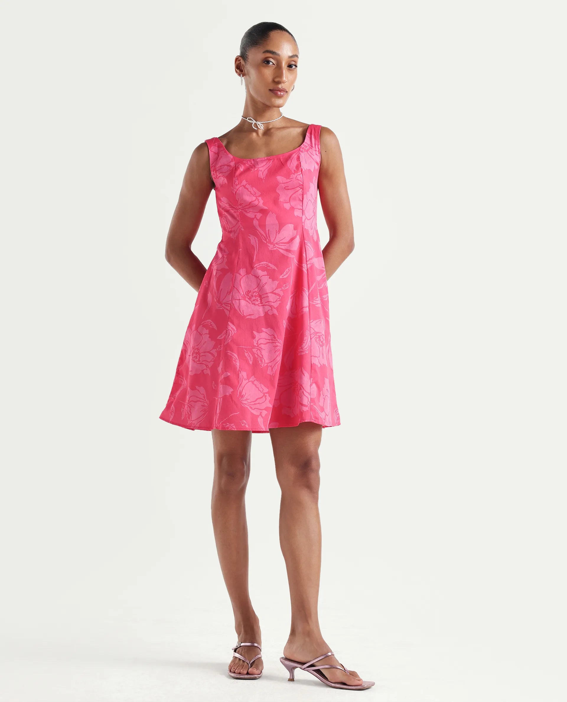 Rareism Women's Mopa Pink Cotton Sleeveless Boat Neck Fit And Flare Floral Print Dress