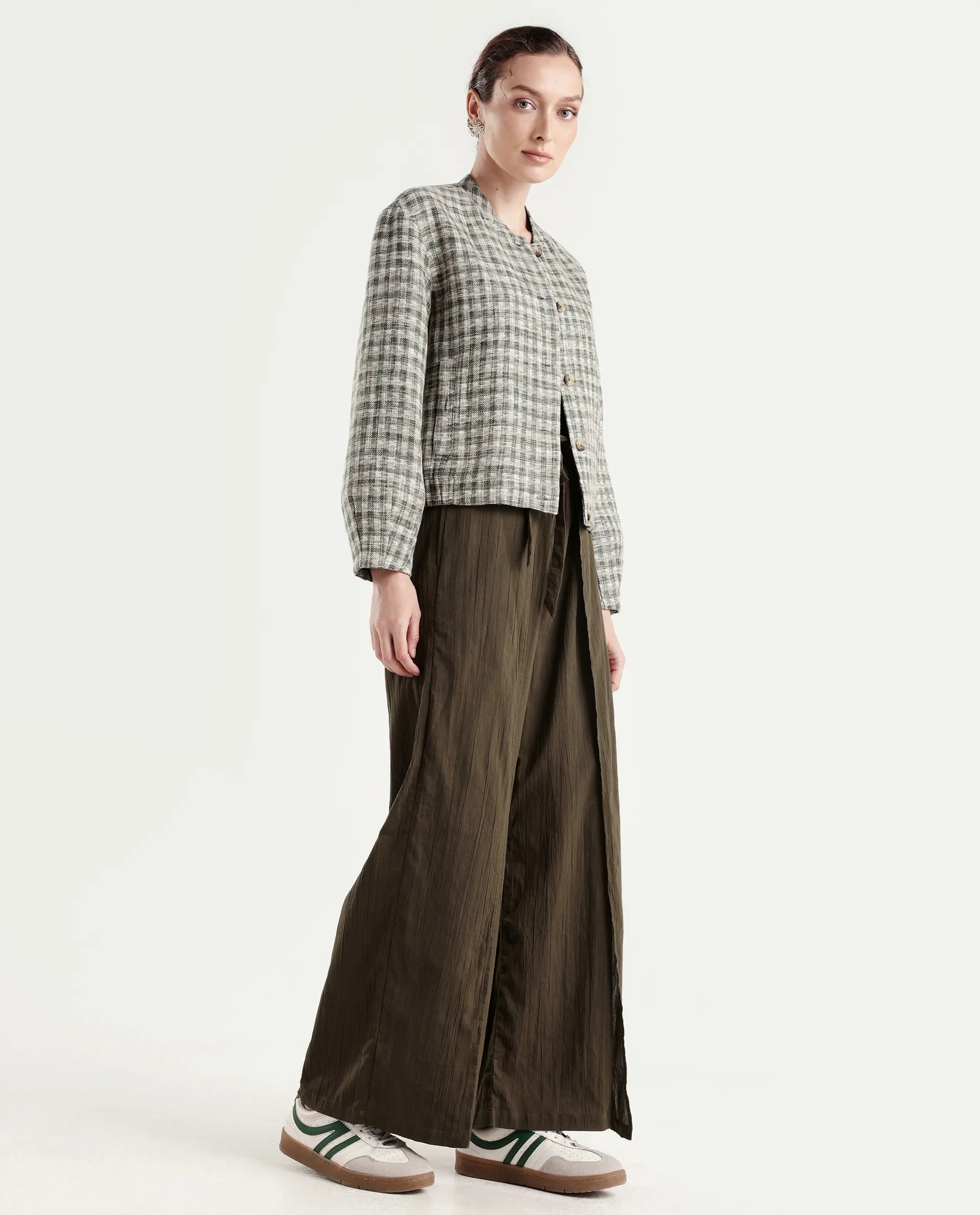 Rareism Women's Ronuzy Olive Cotton Wrap Plain Trouser