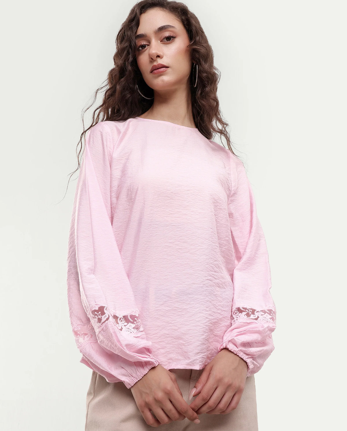 Rareism Women's Vaeli Light Pink Viscose Blend Full Sleeve Crew Neck Relaxed Top