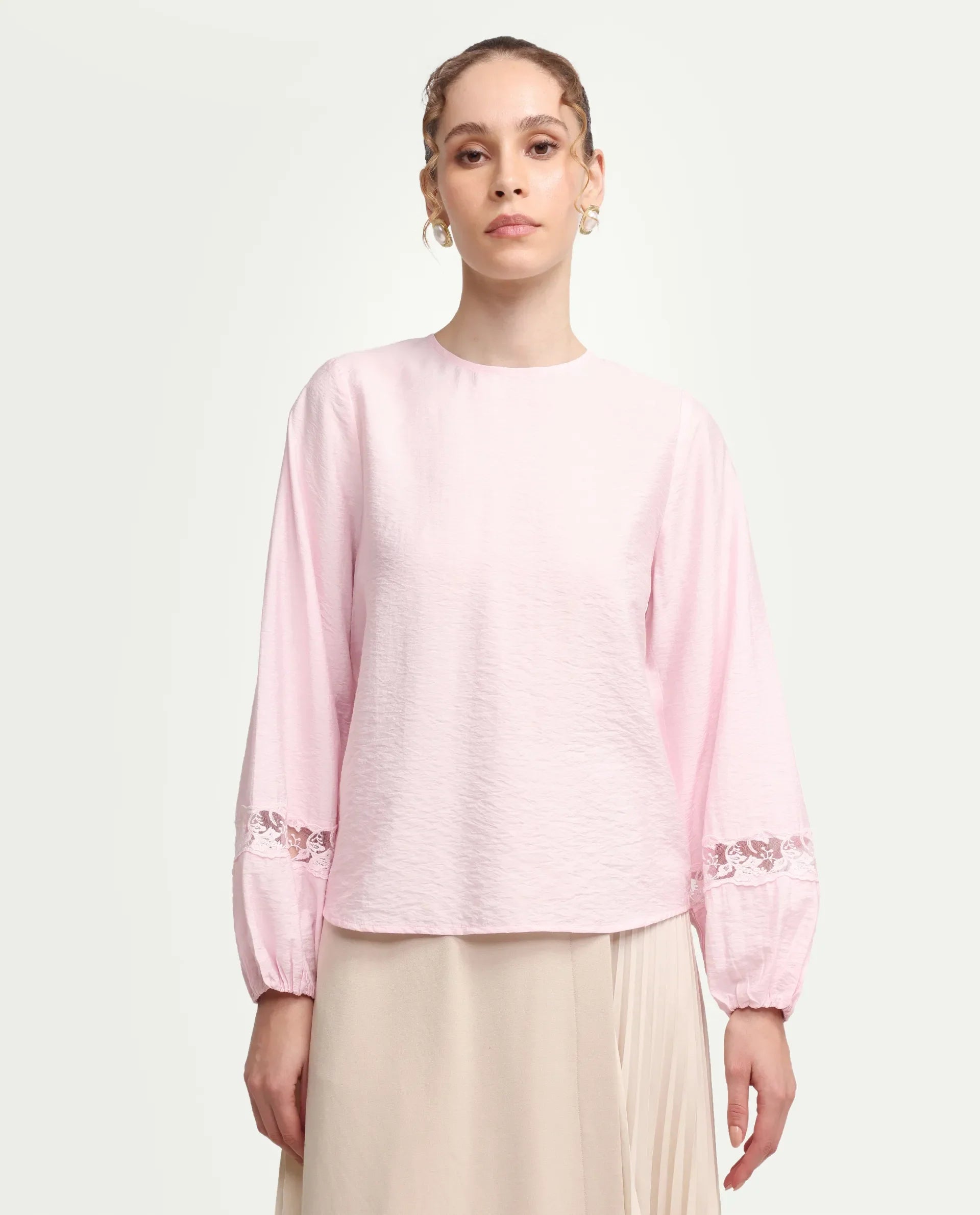 Rareism Women's Vaeli Light Pink Viscose Blend Full Sleeve Crew Neck Relaxed Top