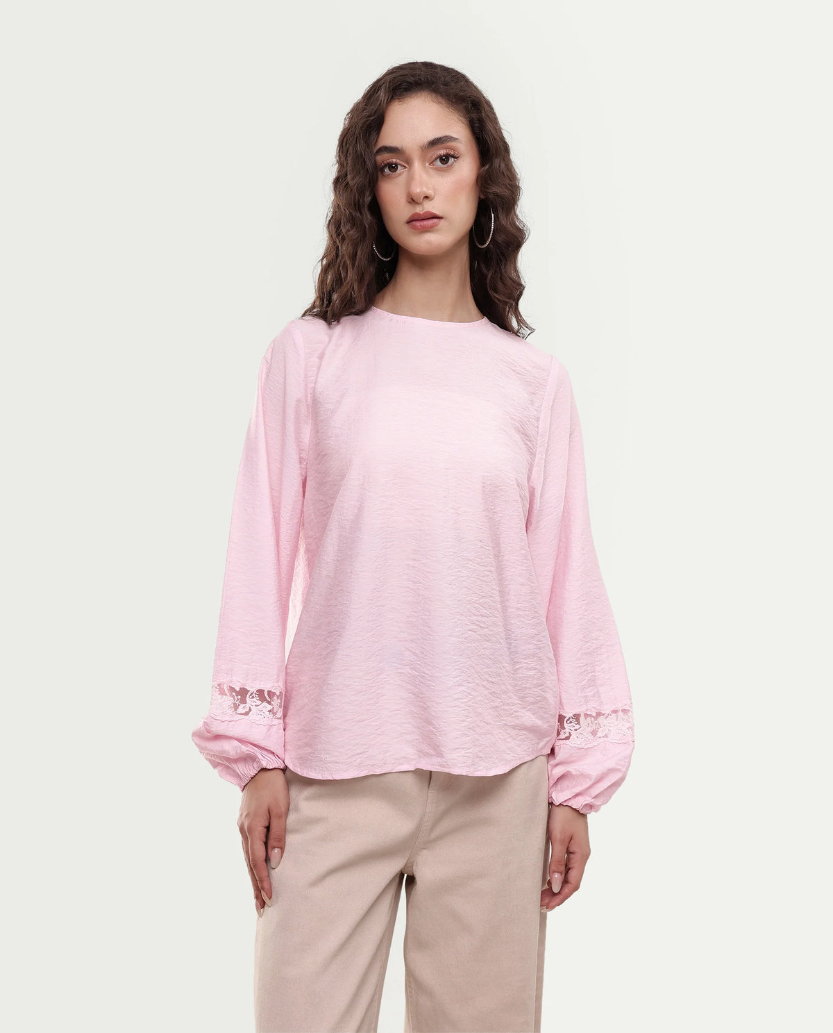 Rareism Women's Vaeli Light Pink Viscose Blend Full Sleeve Crew Neck Relaxed Top