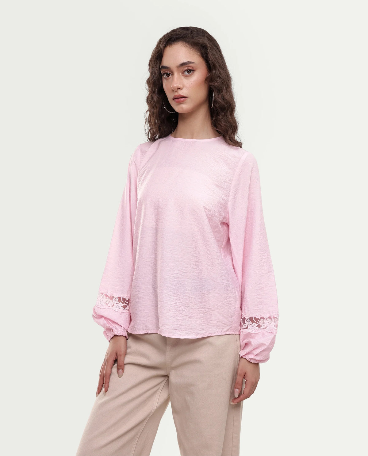 Rareism Women's Vaeli Light Pink Viscose Blend Full Sleeve Crew Neck Relaxed Top