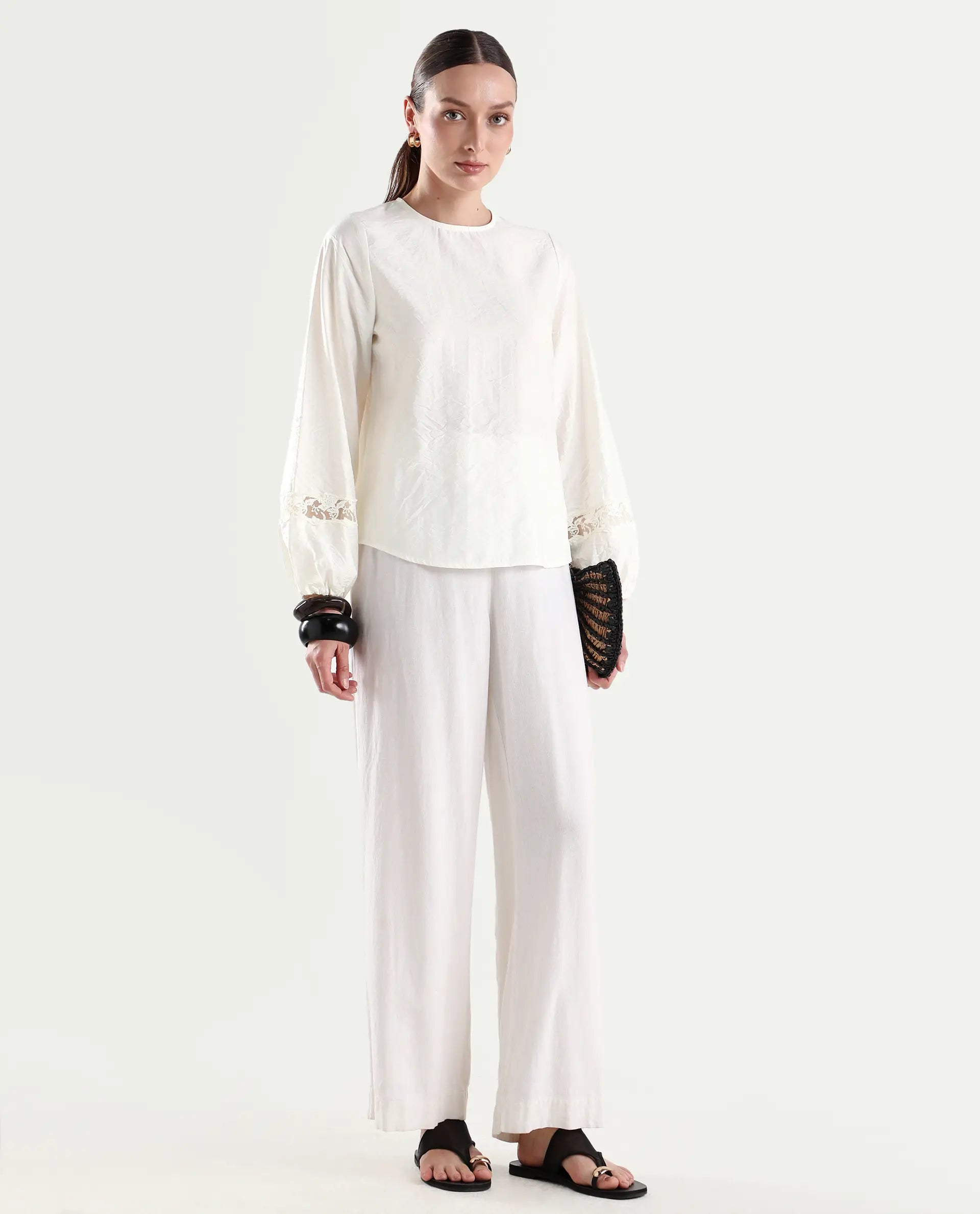 Rareism Women's Vaeli Light Off White Viscose Blend Full Sleeve Relaxed Fit Plain Top