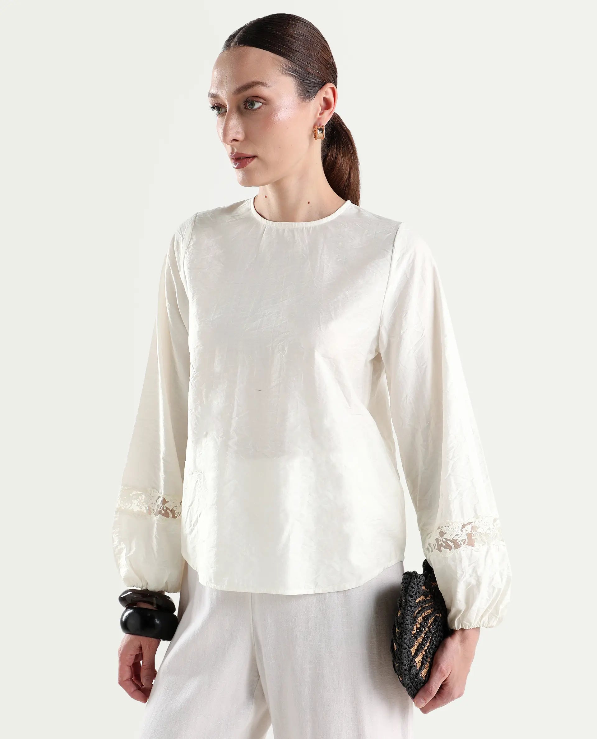 Rareism Women's Vaeli Off White Viscose Blend Full Sleeve Relaxed Fit Plain Top