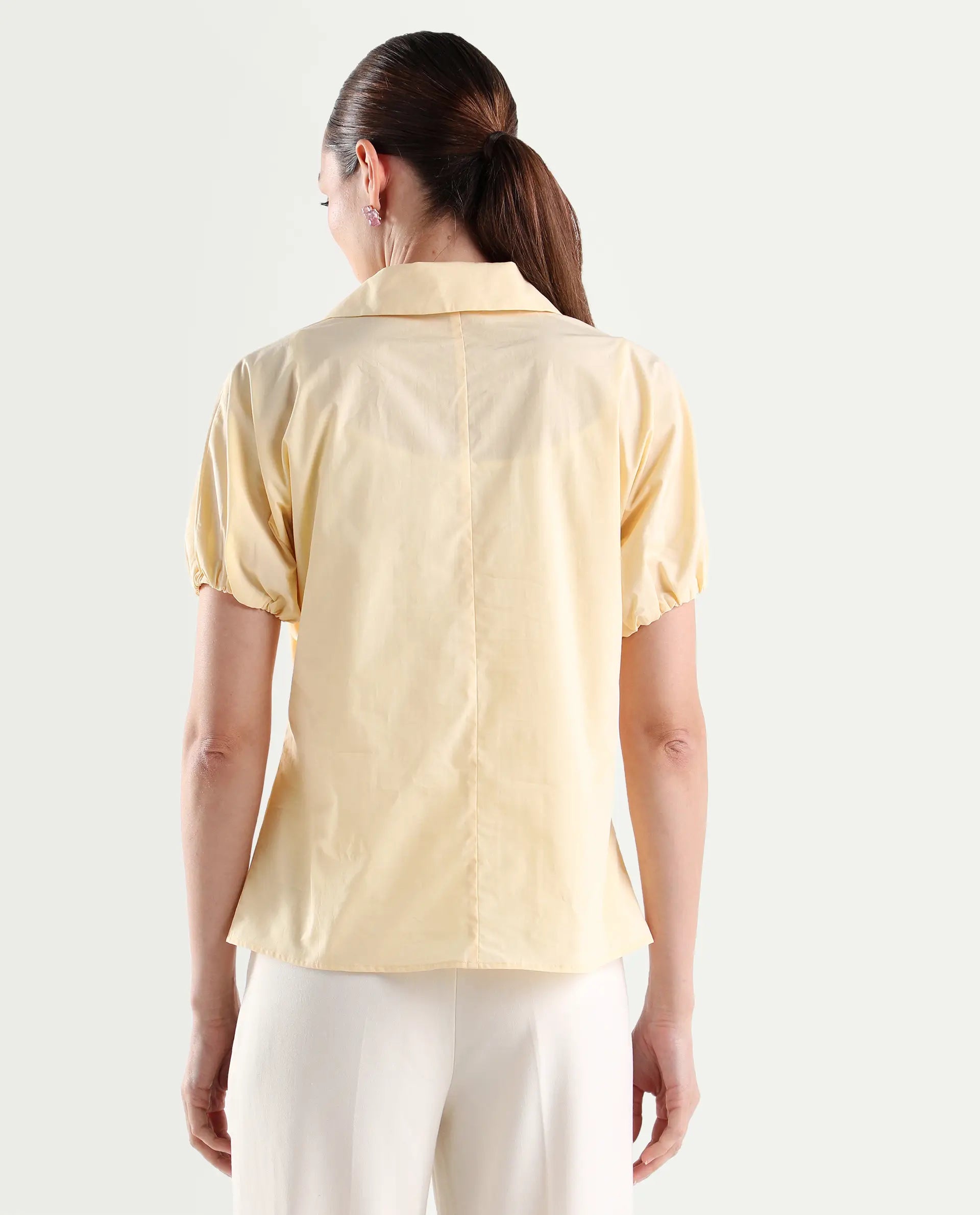 Rareism Women's Valet Yellow Cotton Half Sleeve Jonny Collar Regular Top