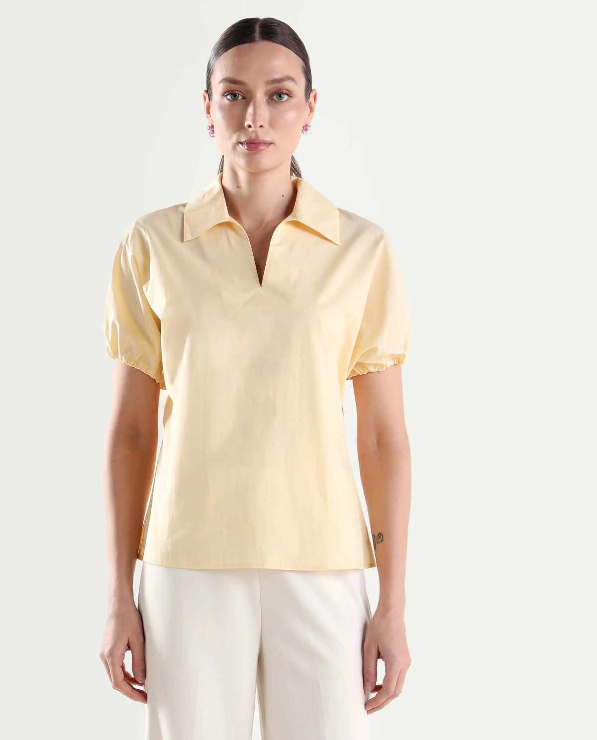 Rareism Women's Valet Yellow Cotton Half Sleeve Jonny Collar Regular Top