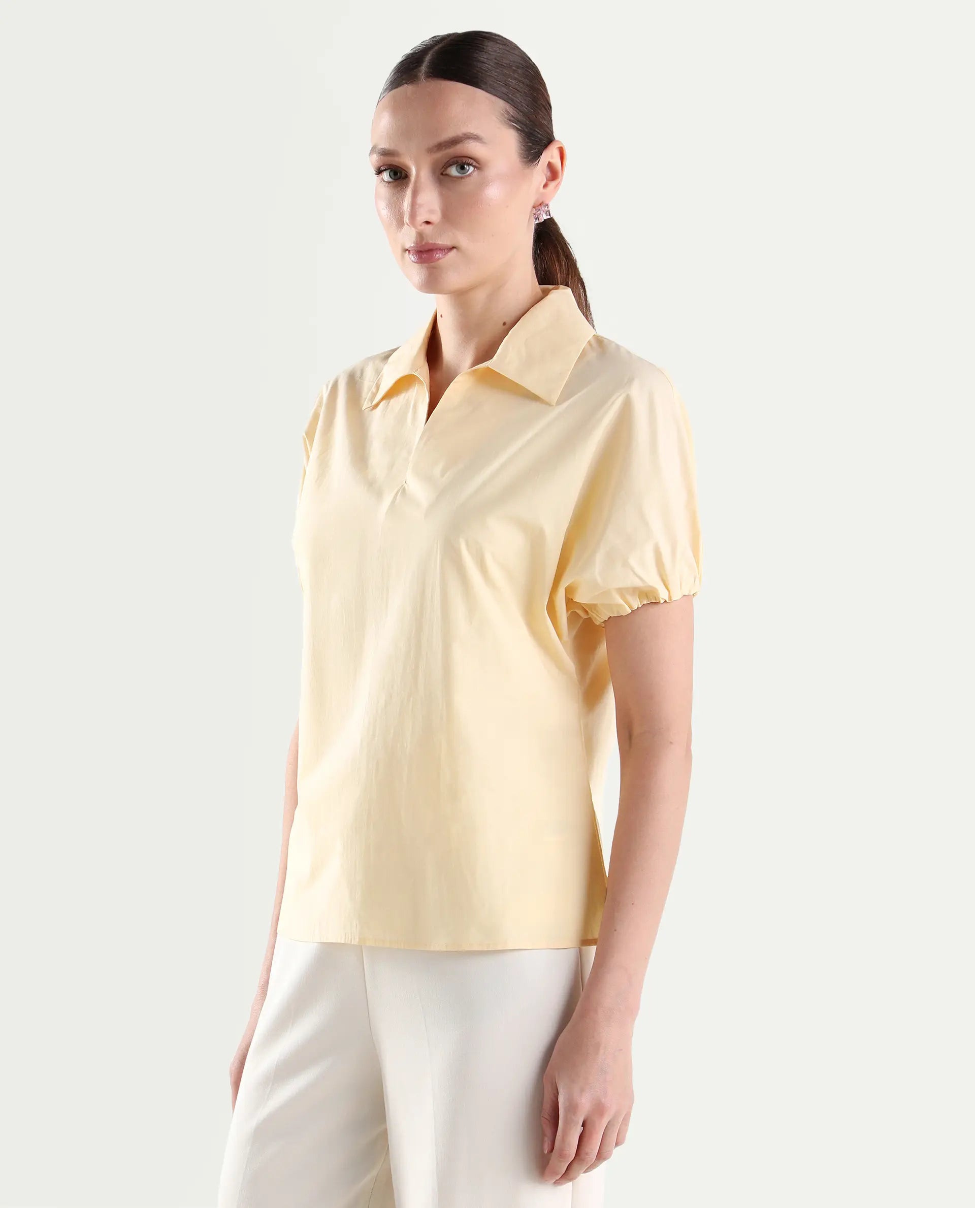 Rareism Women's Valet Yellow Cotton Half Sleeve Jonny Collar Regular Top