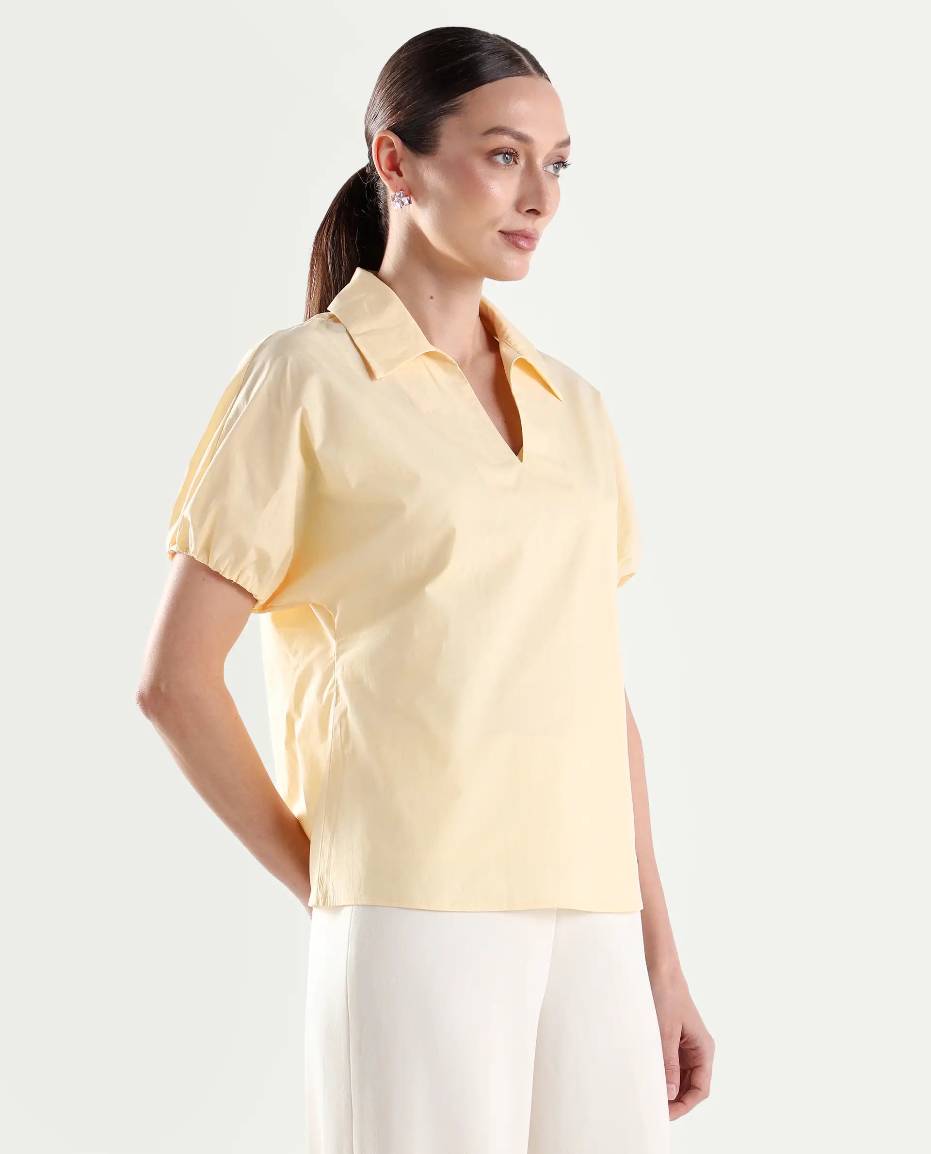 Rareism Women's Valet Yellow Cotton Half Sleeve Jonny Collar Regular Top