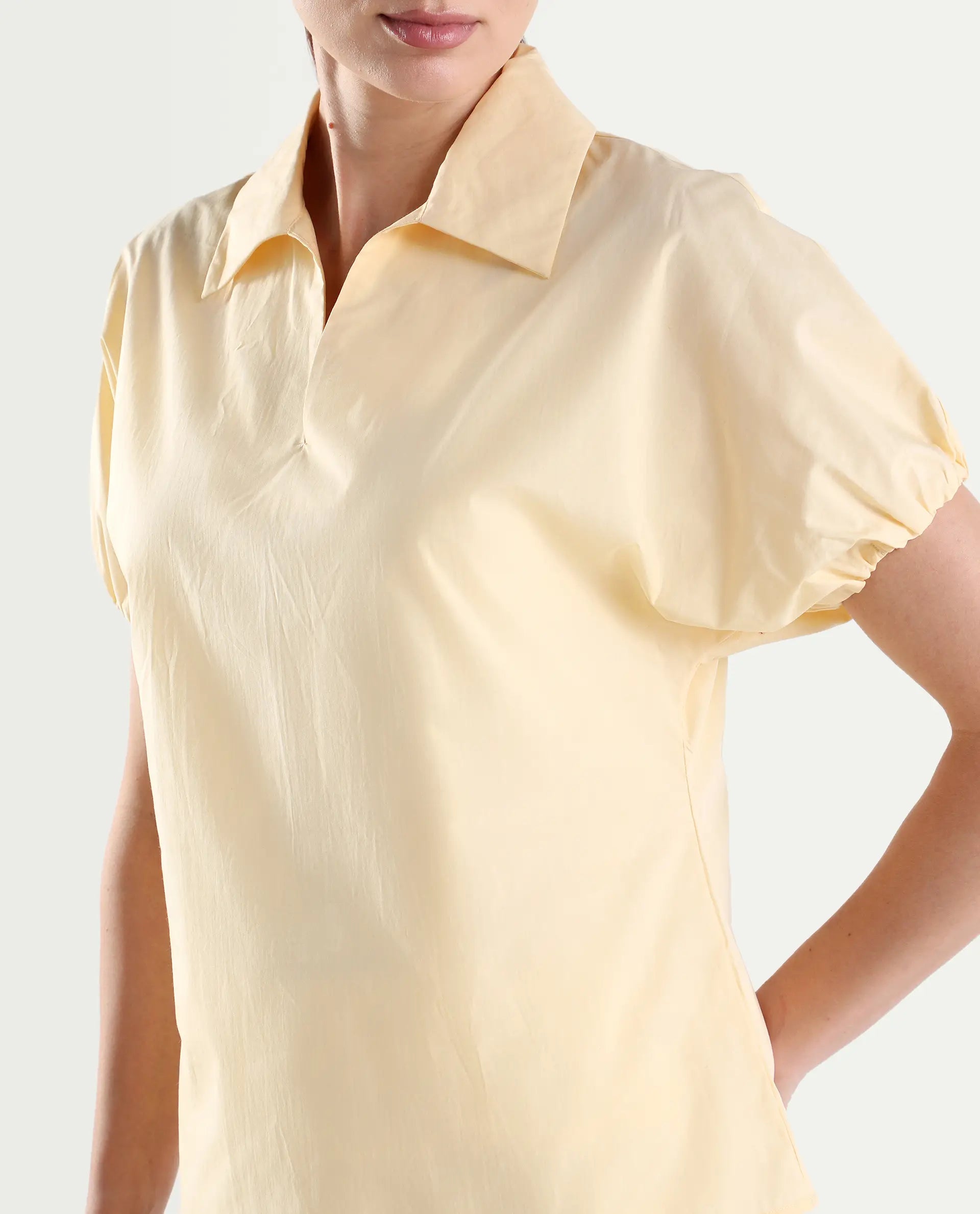 Rareism Women's Valet Yellow Cotton Half Sleeve Jonny Collar Regular Top