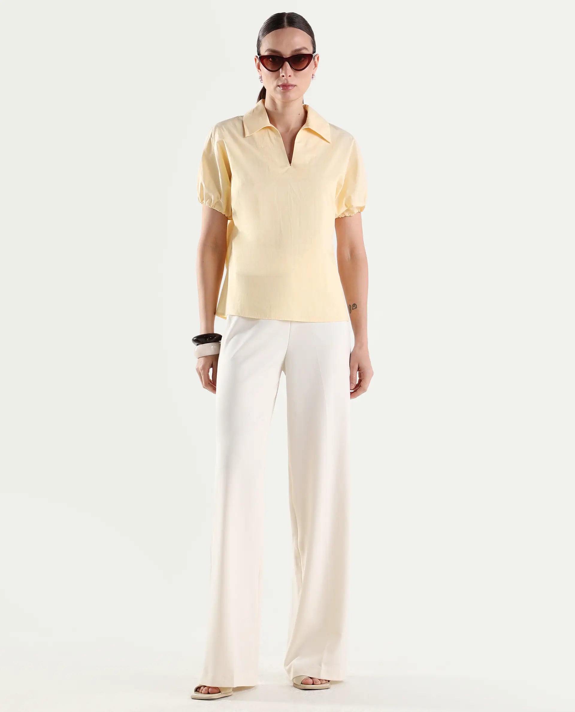 Rareism Women's Valet Yellow Cotton Half Sleeve Jonny Collar Regular Top