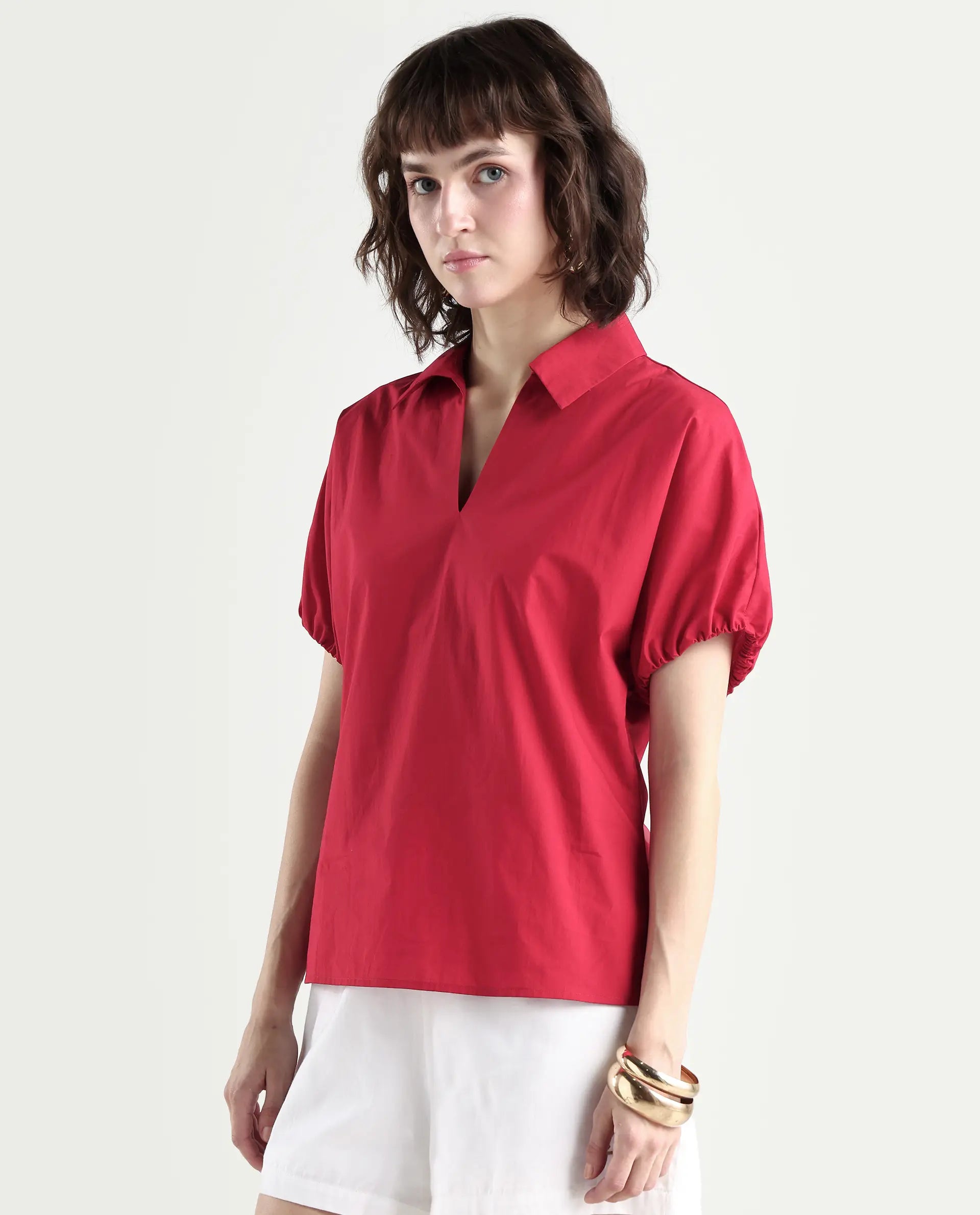 Rareism Women's Valet Red Cotton Half Sleeve Regular Fit Plain Top